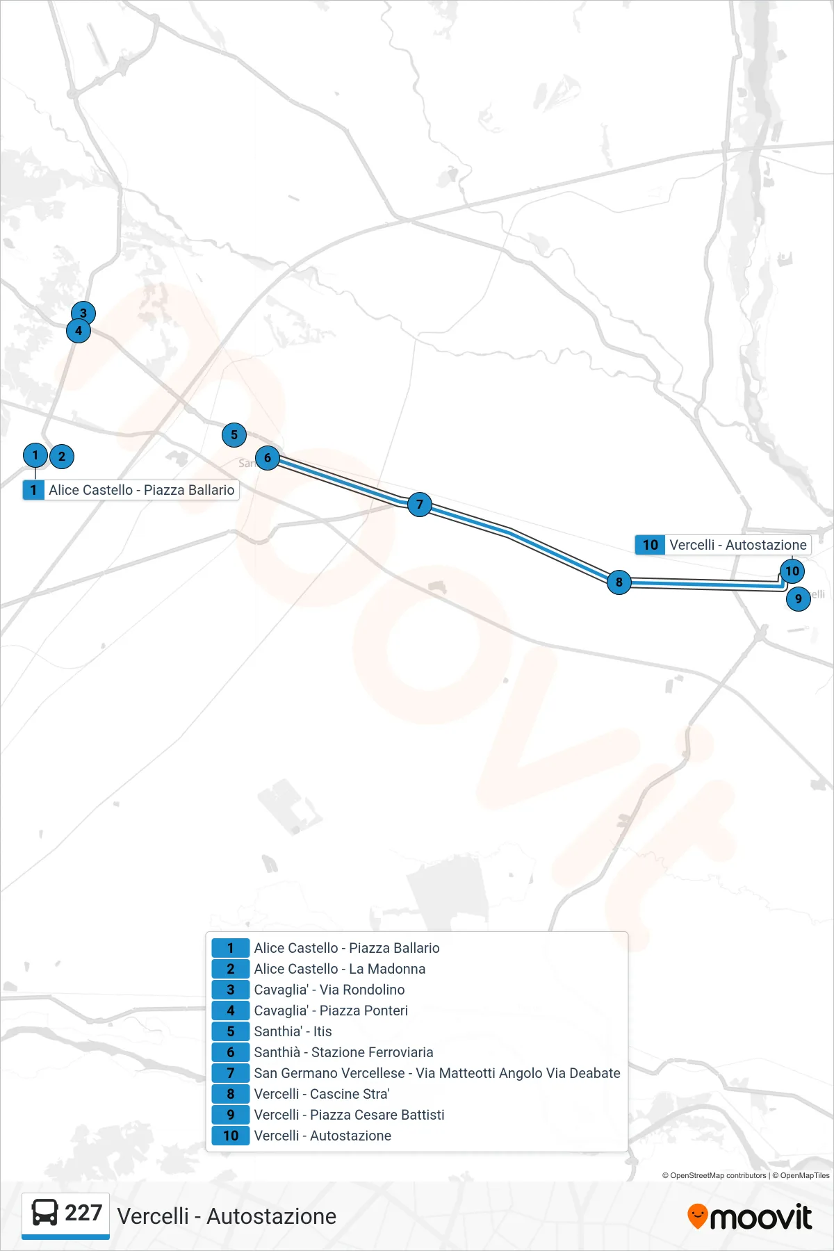 Linea 227 bus (Vercelli - Autostazione) - Percorsi e fermate sulla mappa
