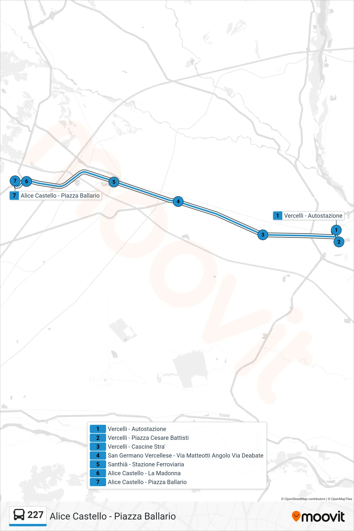 Linea 227 bus (Alice Castello - Piazza Ballario) - Percorsi e fermate sulla mappa