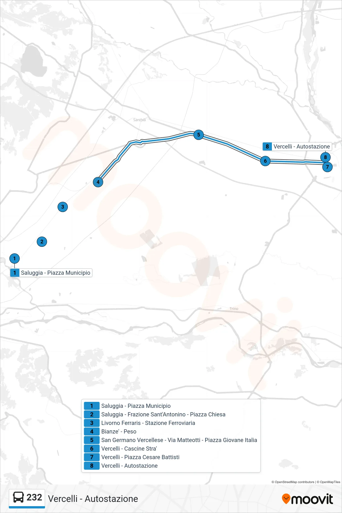 Linea 232  bus (Vercelli - Autostazione) - Percorsi e fermate sulla mappa