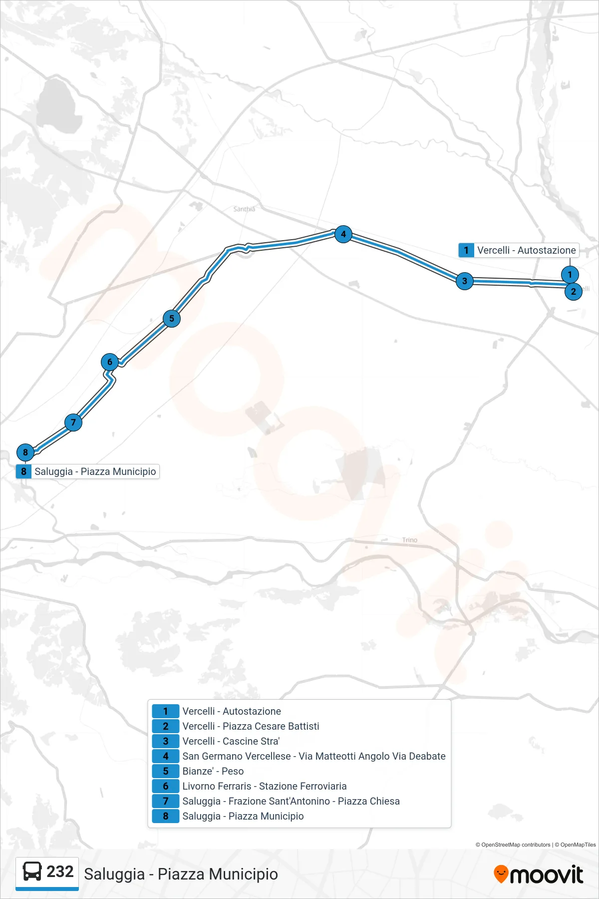 Linea 232 bus (Saluggia - Piazza Municipio) - Percorsi e fermate sulla mappa
