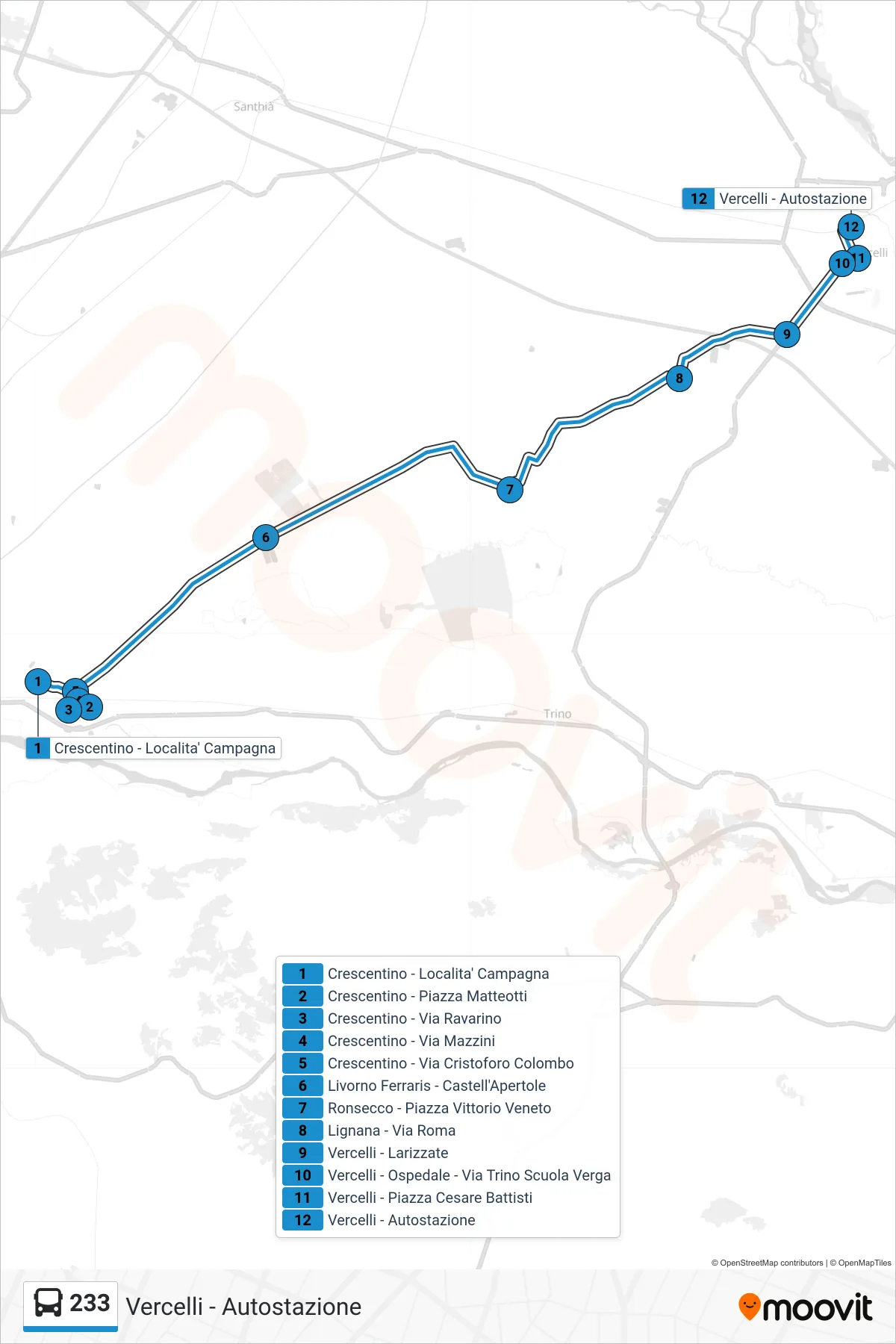 Linea 233  bus (Vercelli - Autostazione) - Percorsi e fermate sulla mappa