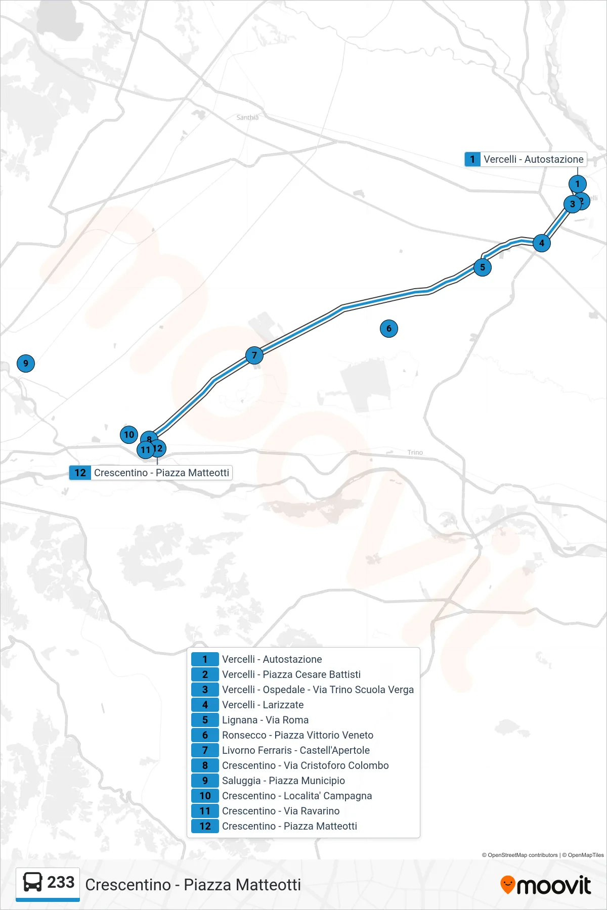 Linea 233 bus (Crescentino - Piazza Matteotti) - Percorsi e fermate sulla mappa