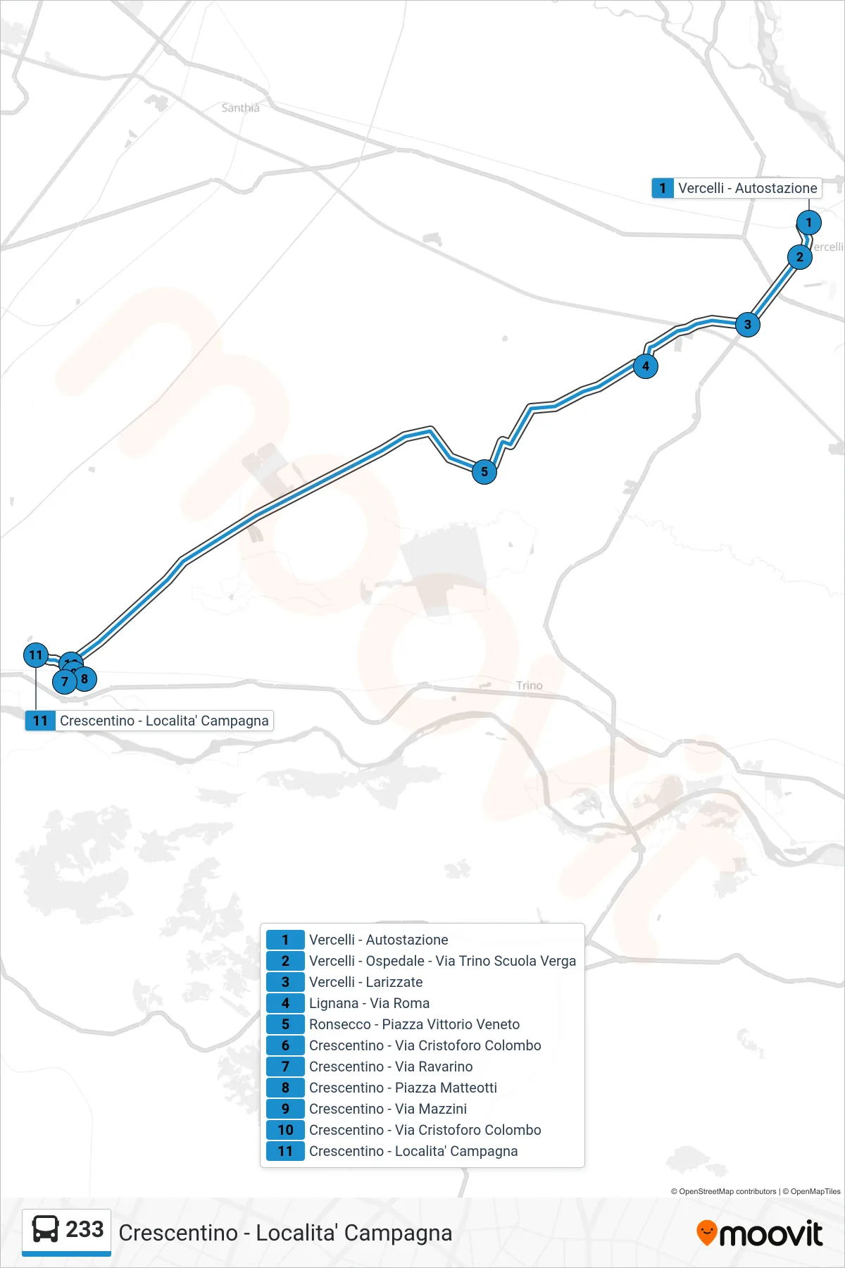 Linea 233 bus (Crescentino - Localita' Campagna) - Percorsi e fermate sulla mappa