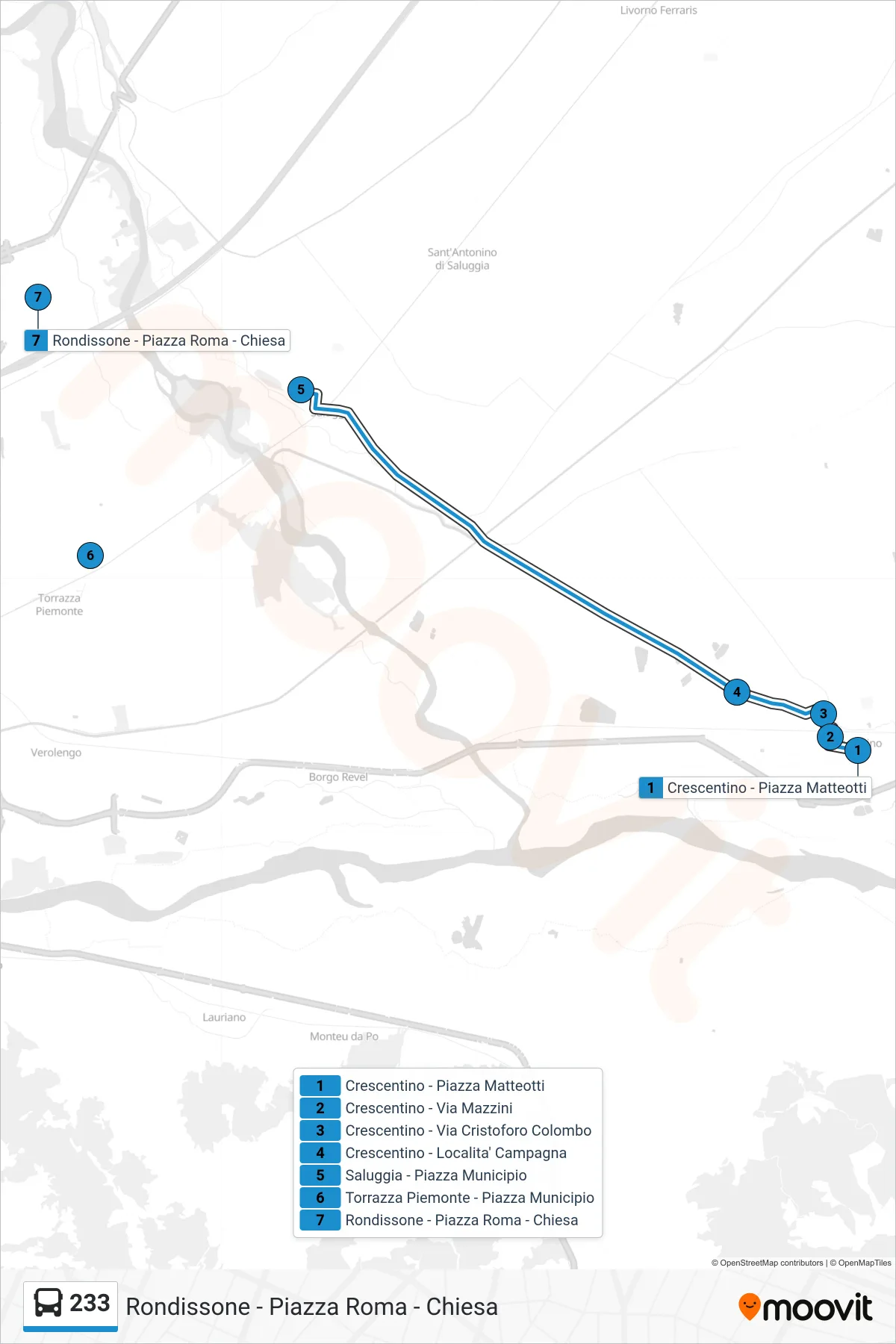 Linea 233  bus (Rondissone - Piazza Roma - Chiesa) - Percorsi e fermate sulla mappa
