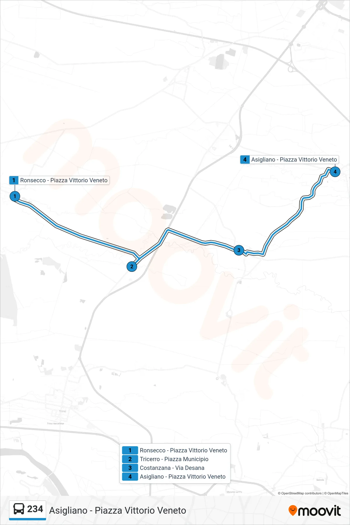 Linea 234  bus (Asigliano - Piazza Vittorio Veneto) - Percorsi e fermate sulla mappa