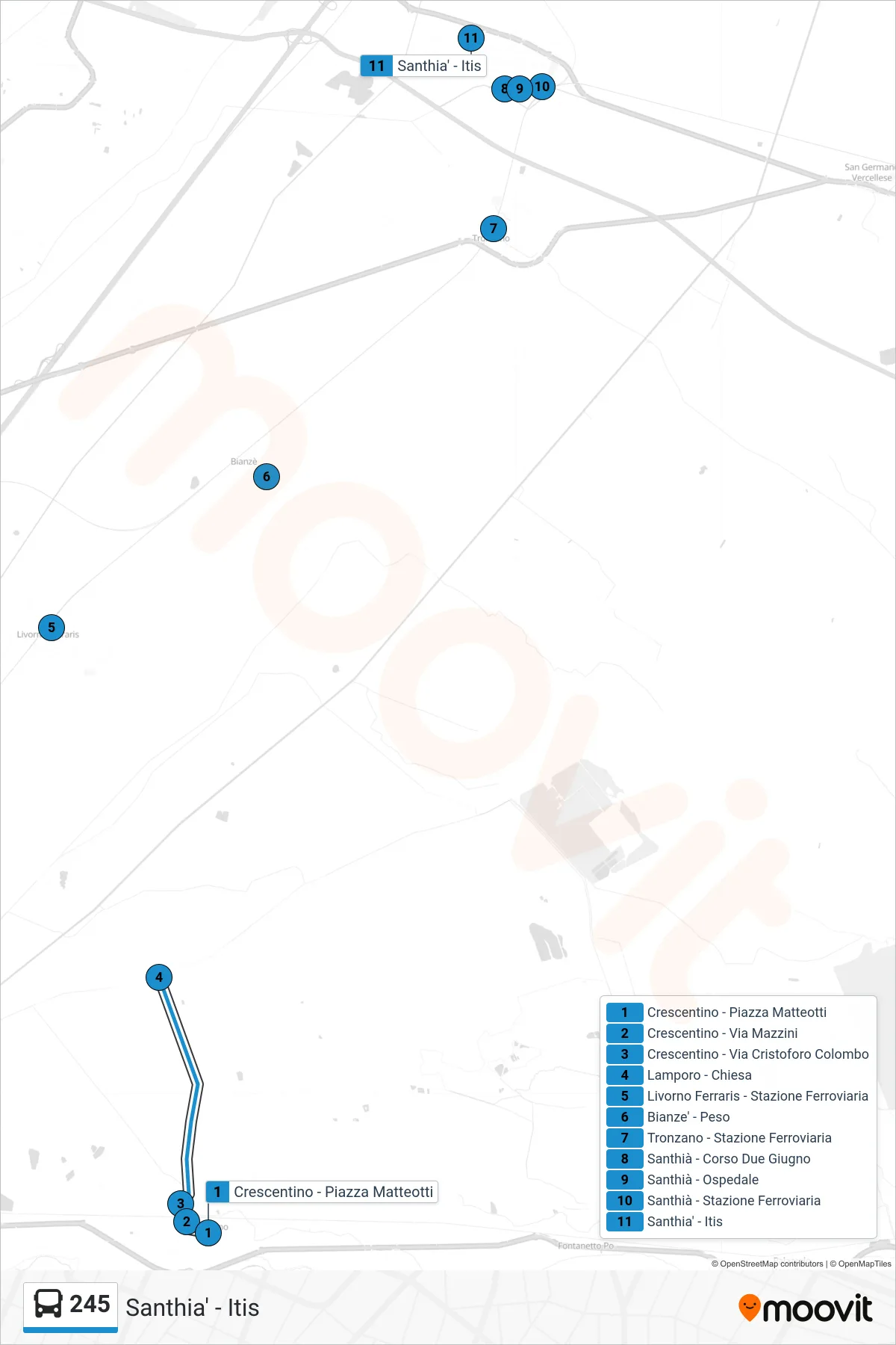 Linea 245  bus (Santhia' - Itis) - Percorsi e fermate sulla mappa