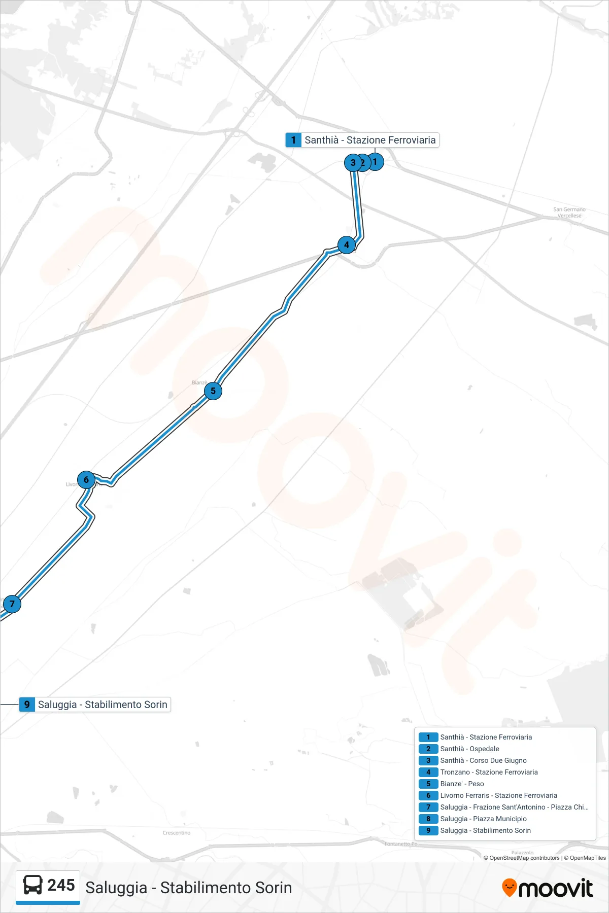 Linea 245 bus (Saluggia - Stabilimento Sorin) - Percorsi e fermate sulla mappa