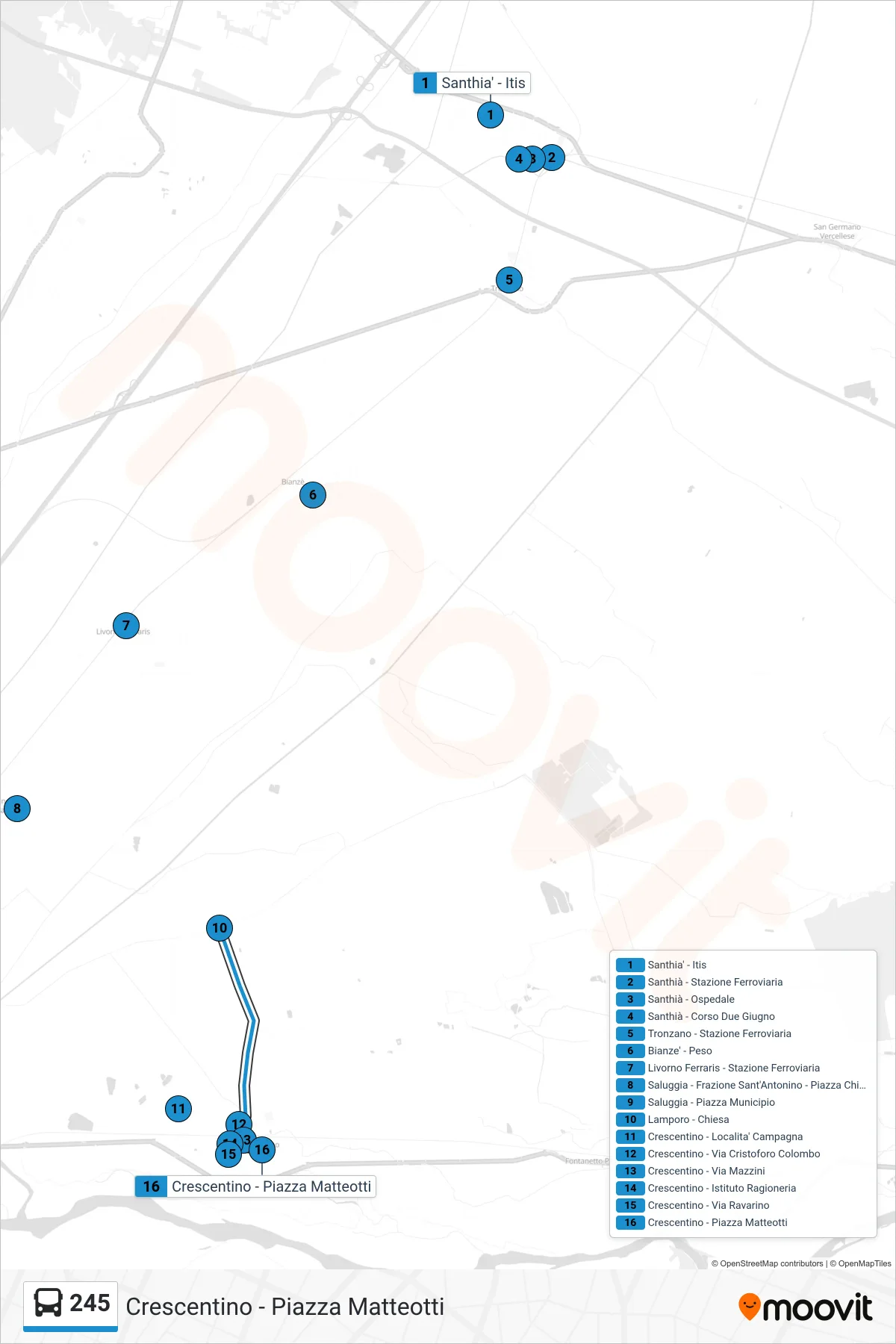 Linea 245 bus (Crescentino - Piazza Matteotti) - Percorsi e fermate sulla mappa