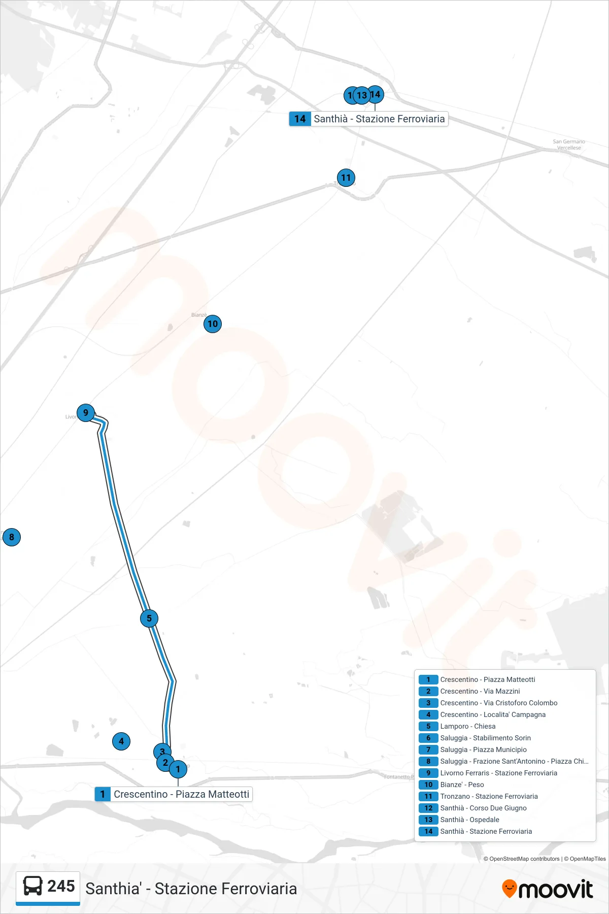 245 bus Line (Santhia Railway Station) route and stops on a map