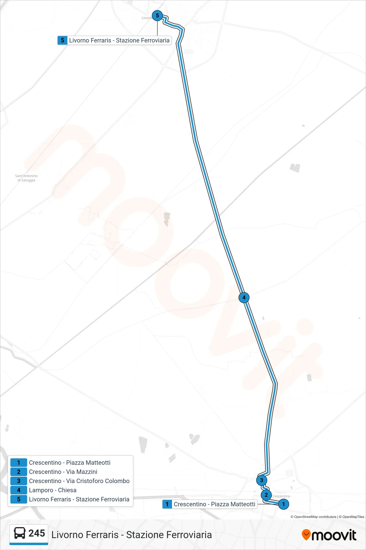 Linea 245 bus (Livorno Ferraris - Stazione Ferroviaria) - Percorsi e fermate sulla mappa