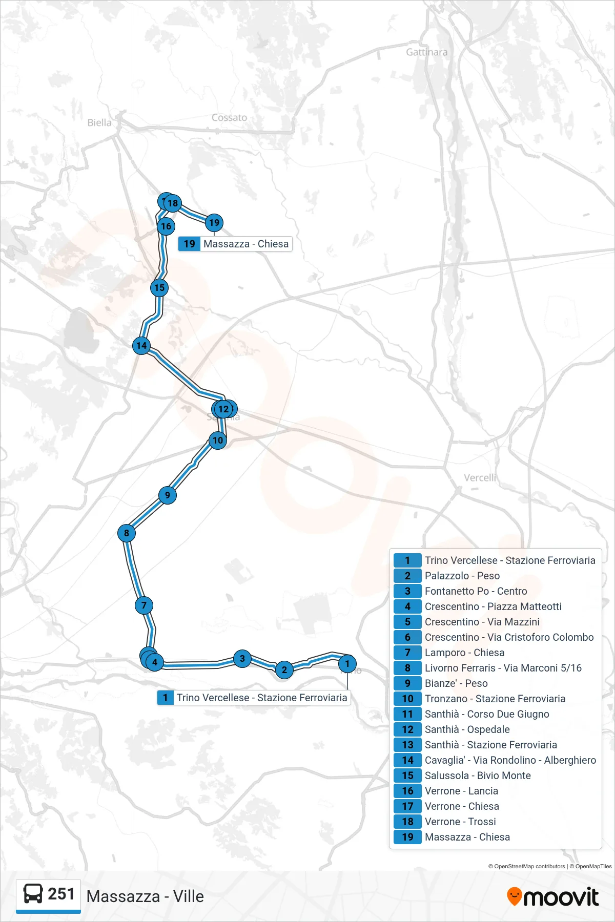 Linea 251  bus (Massazza - Ville) - Percorsi e fermate sulla mappa