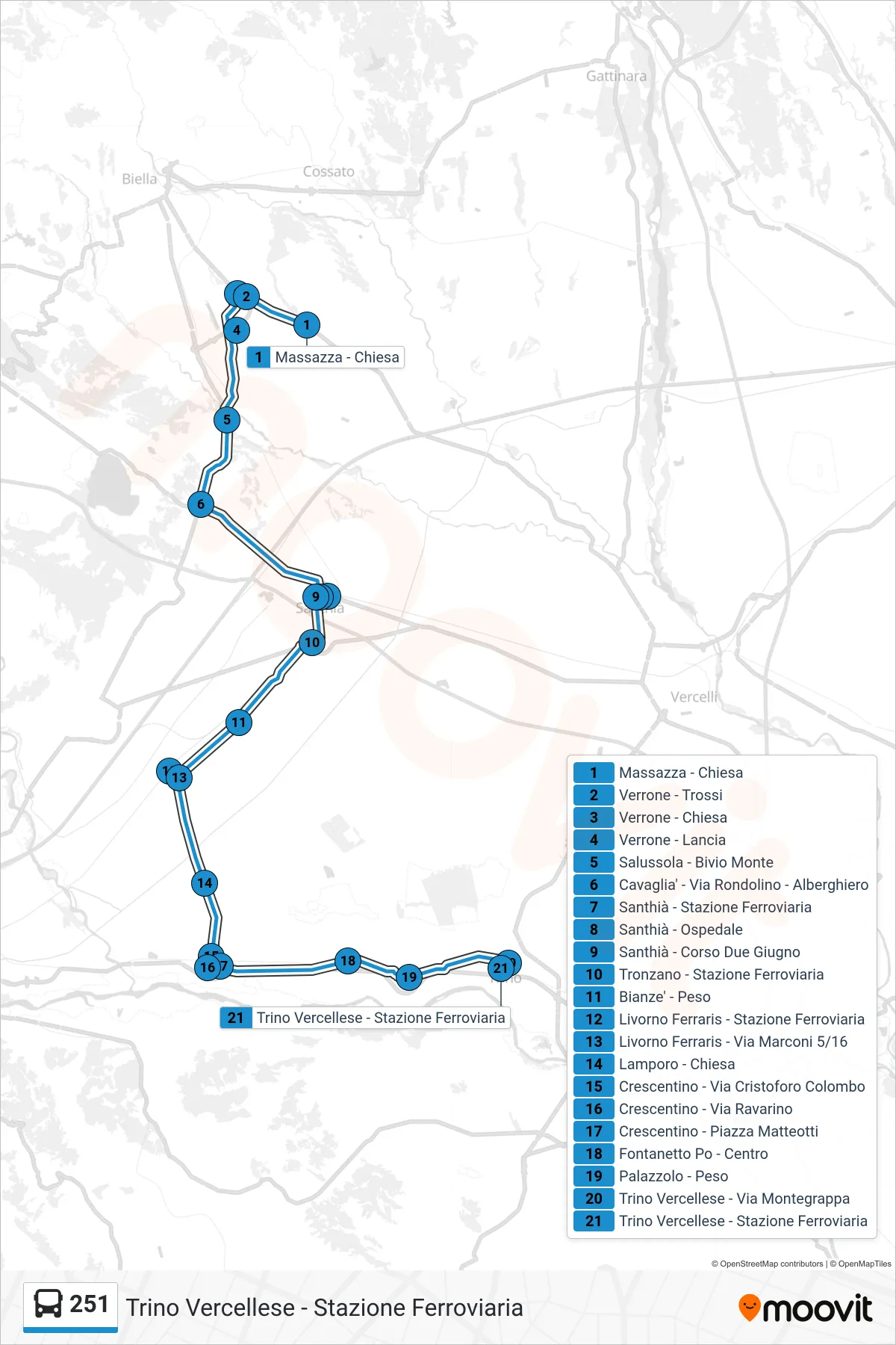 Linea 251  bus (Trino Vercellese - Stazione Ferroviaria) - Percorsi e fermate sulla mappa