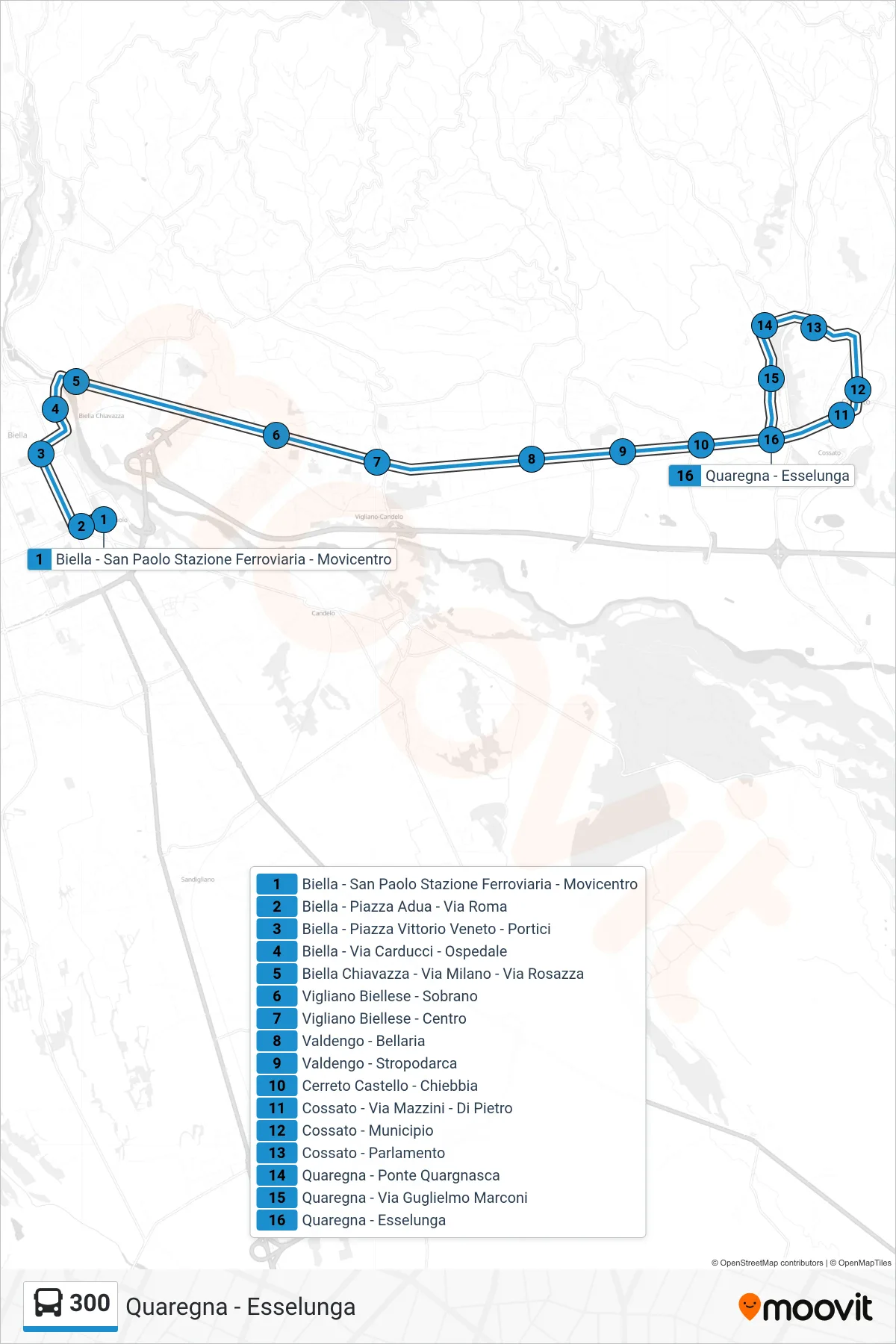 Linea 300  bus (Quaregna - Esselunga) - Percorsi e fermate sulla mappa