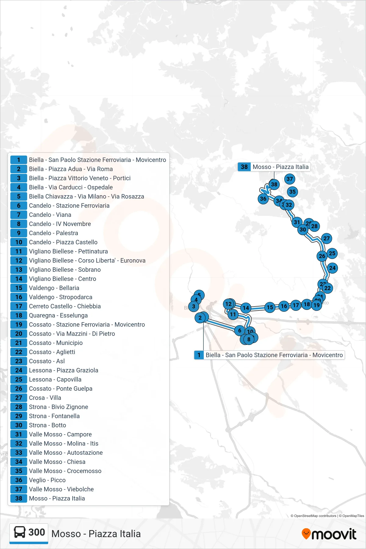 Linea 300 bus (Mosso - Piazza Italia) - Percorsi e fermate sulla mappa