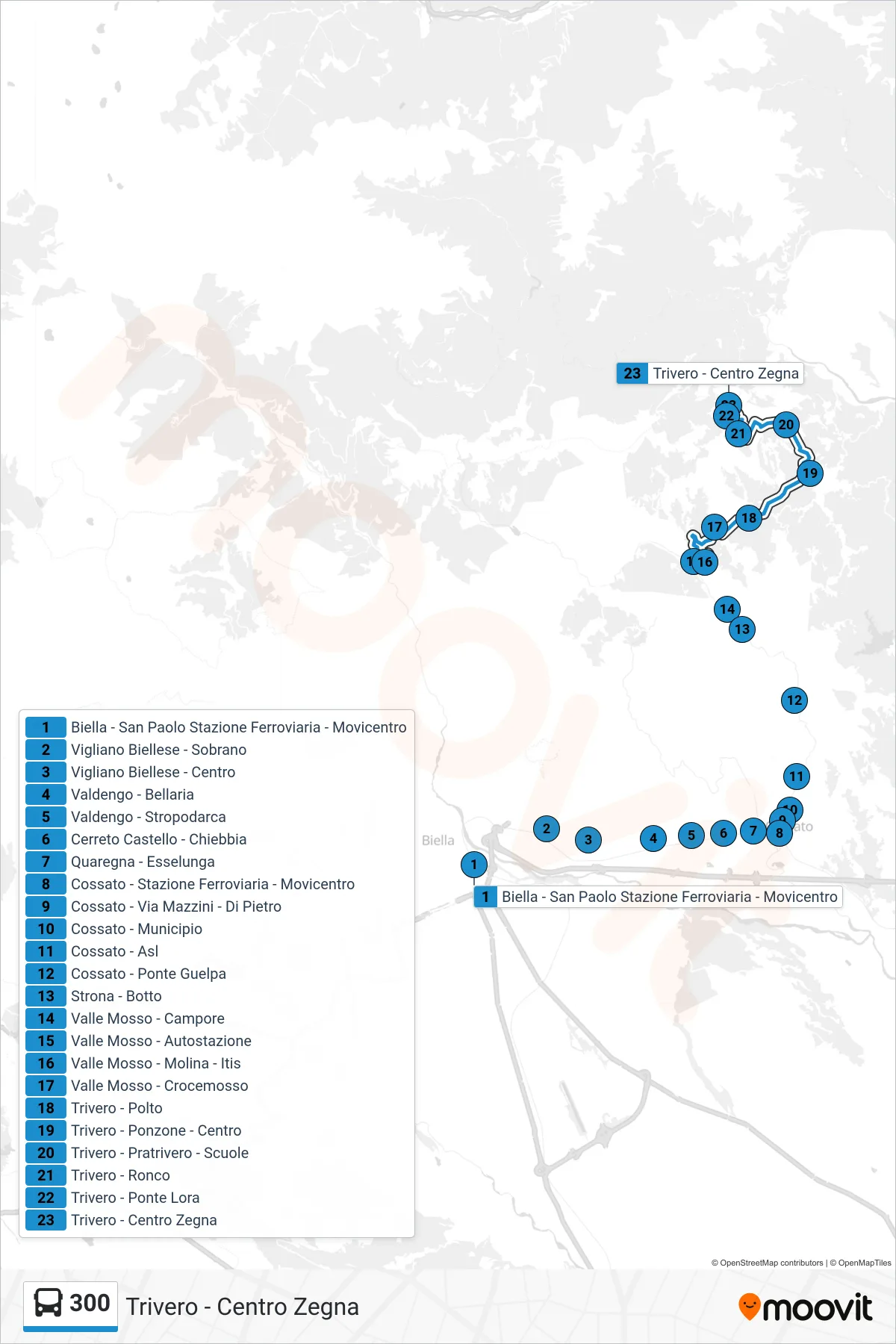 Linea 300  bus (Trivero - Centro Zegna) - Percorsi e fermate sulla mappa