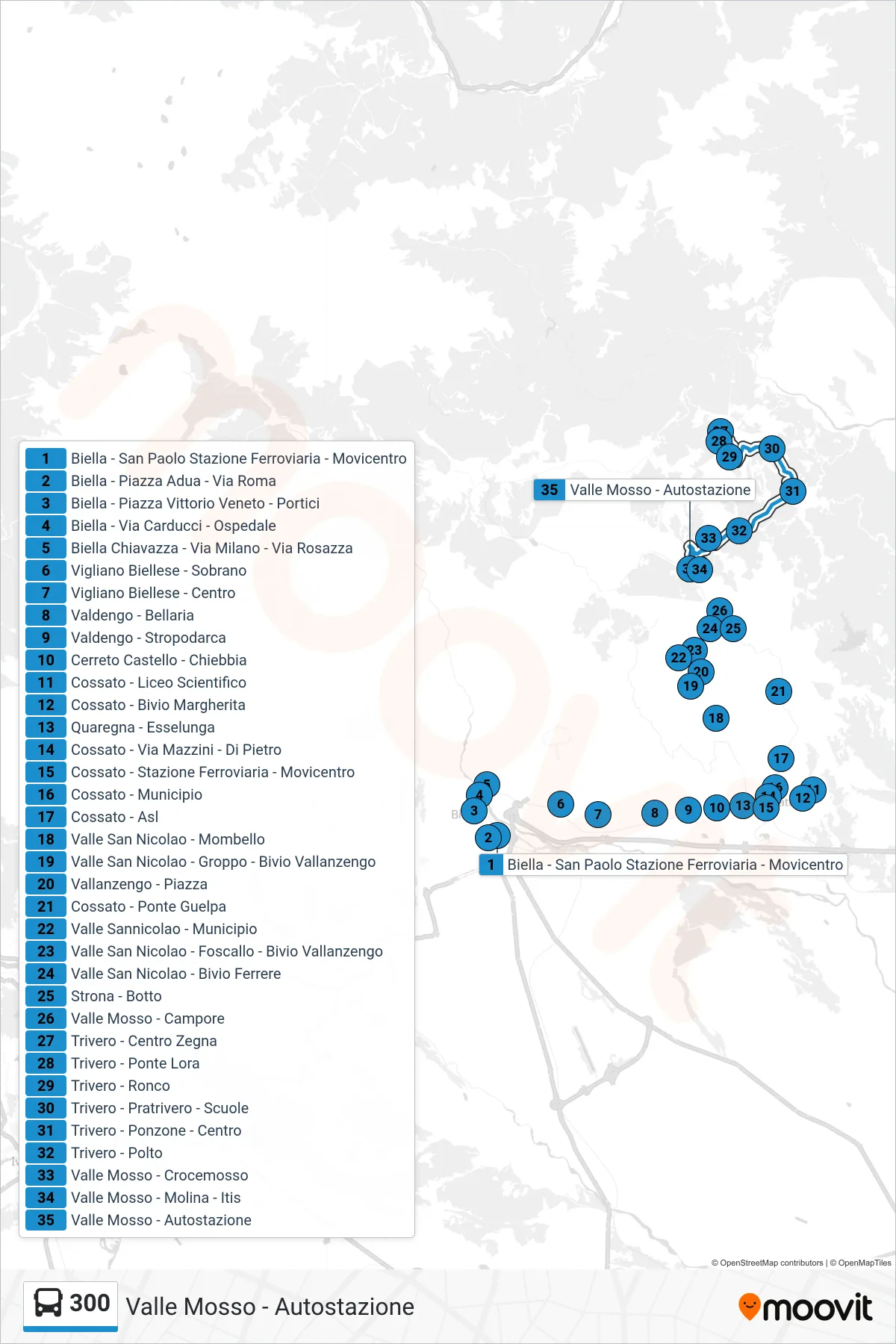 Linea 300 bus (Valle Mosso - Autostazione) - Percorsi e fermate sulla mappa
