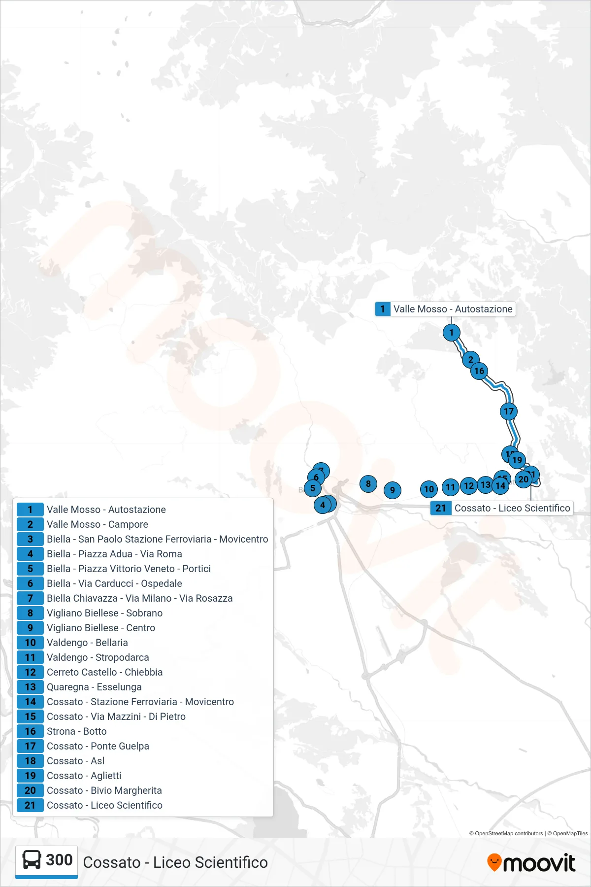 Linea 300 bus (Cossato - Liceo Scientifico) - Percorsi e fermate sulla mappa