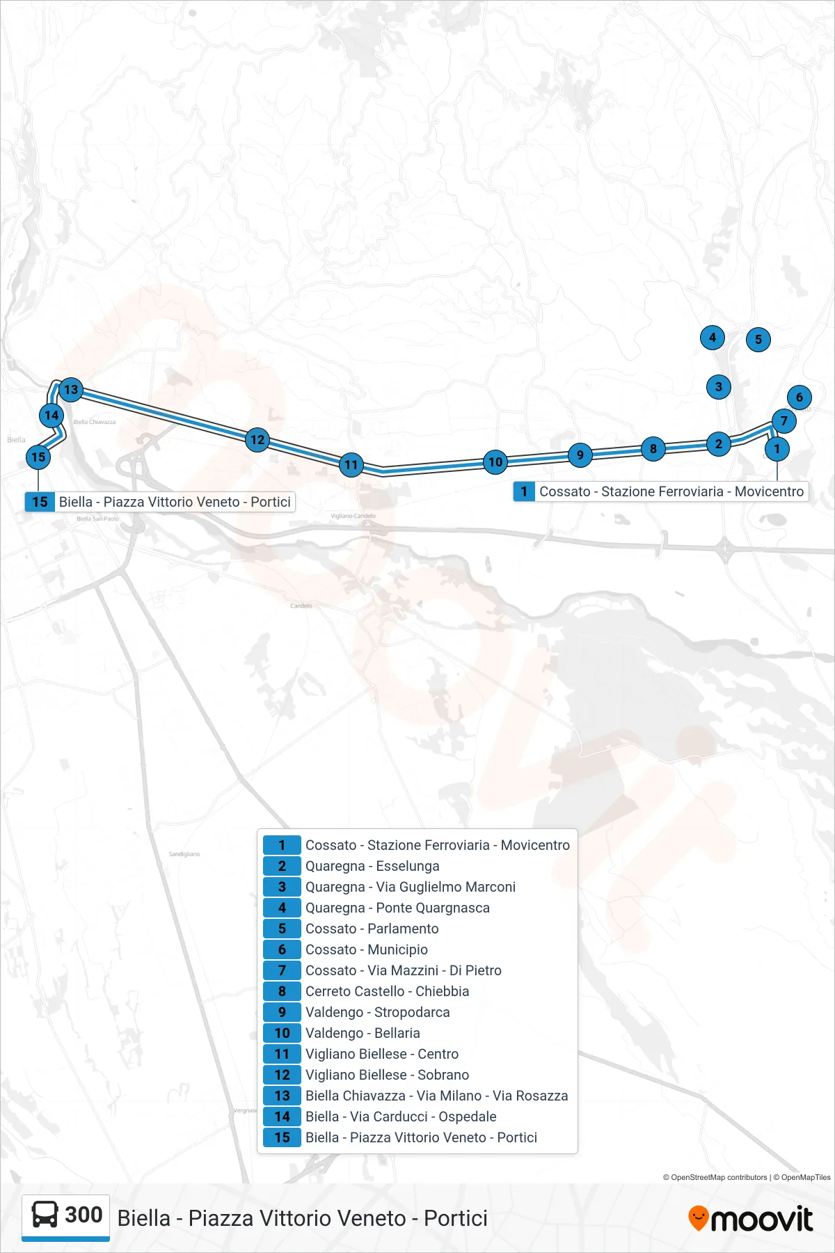 Linea 300 bus (Biella - Piazza Vittorio Veneto - Portici) - Percorsi e fermate sulla mappa