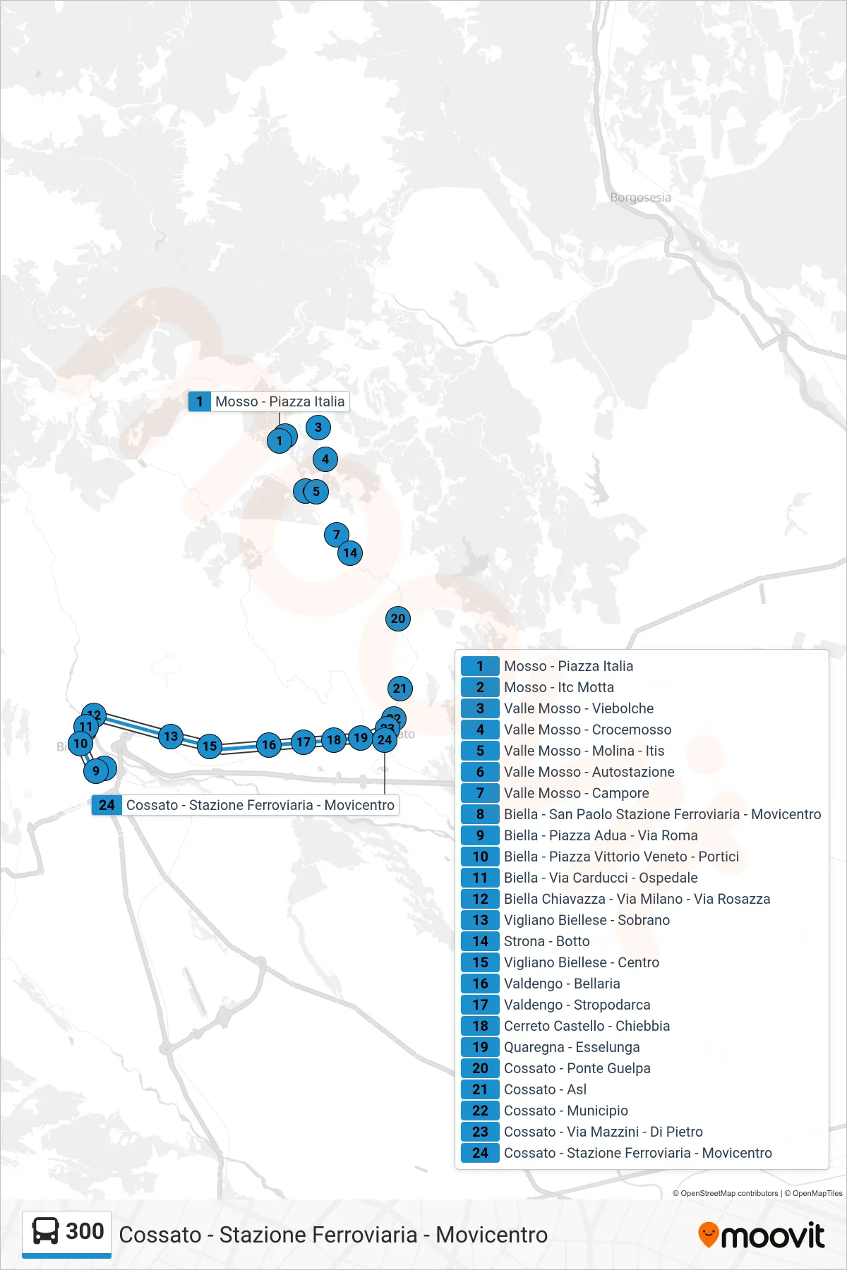 Linea 300 bus (Cossato - Stazione Ferroviaria - Movicentro) - Percorsi e fermate sulla mappa