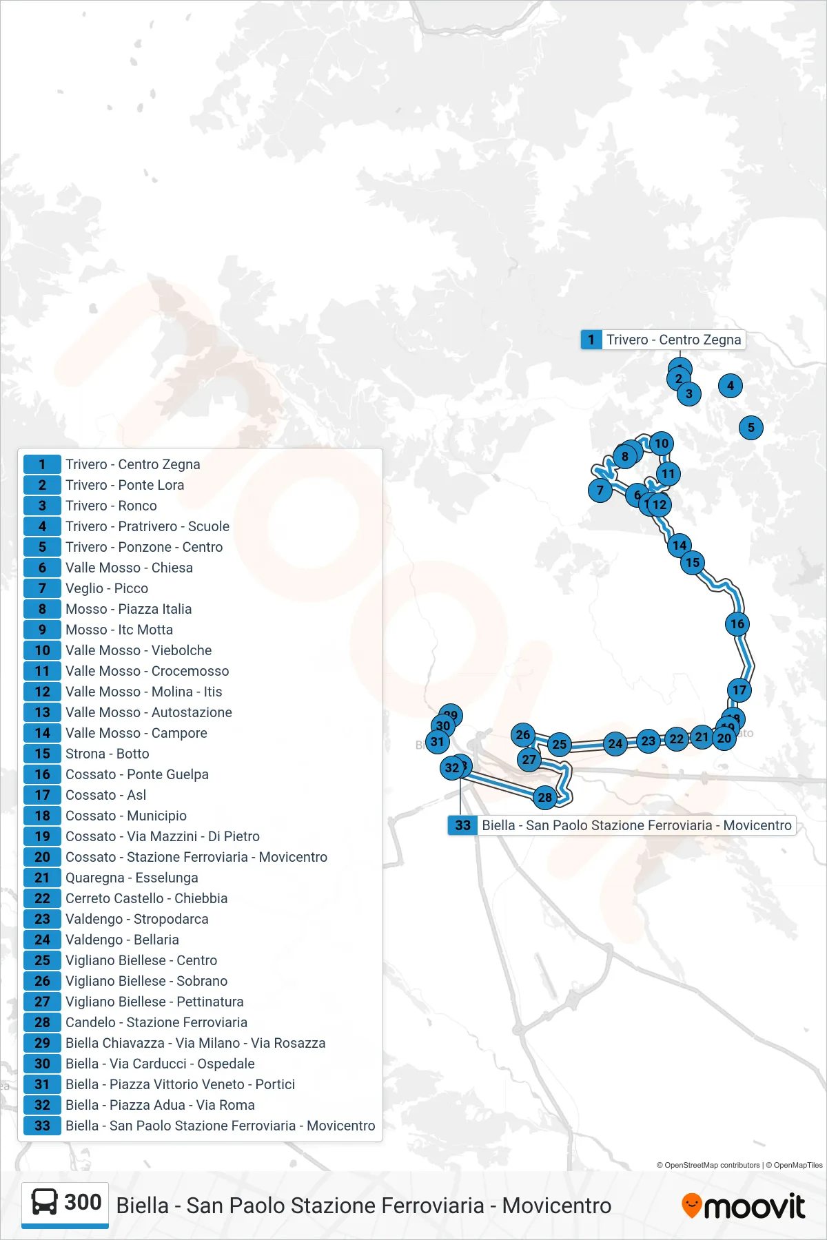 Linea 300 bus (Biella - San Paolo Stazione Ferroviaria - Movicentro) - Percorsi e fermate sulla mappa