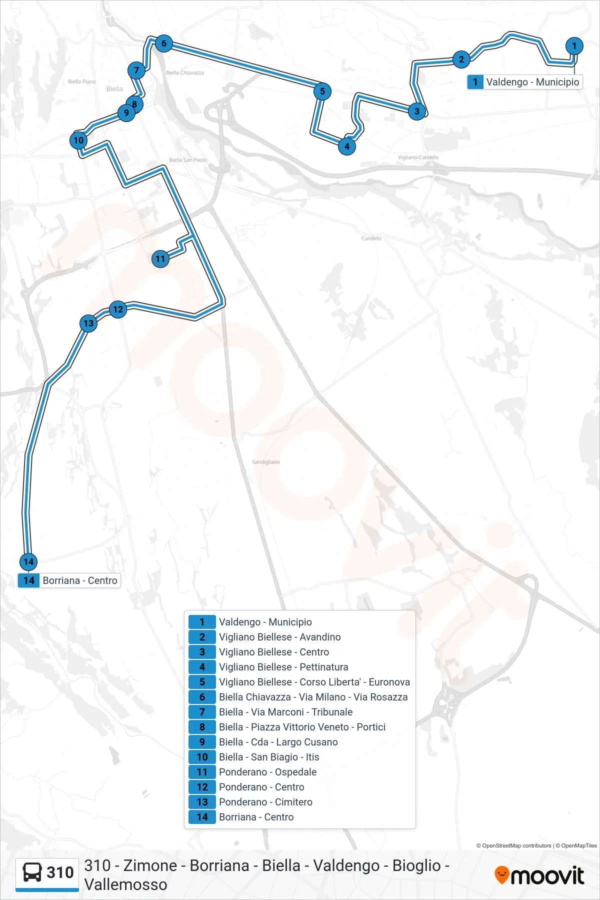Linea 310 bus (Borriana - Centro) - Percorsi e fermate sulla mappa