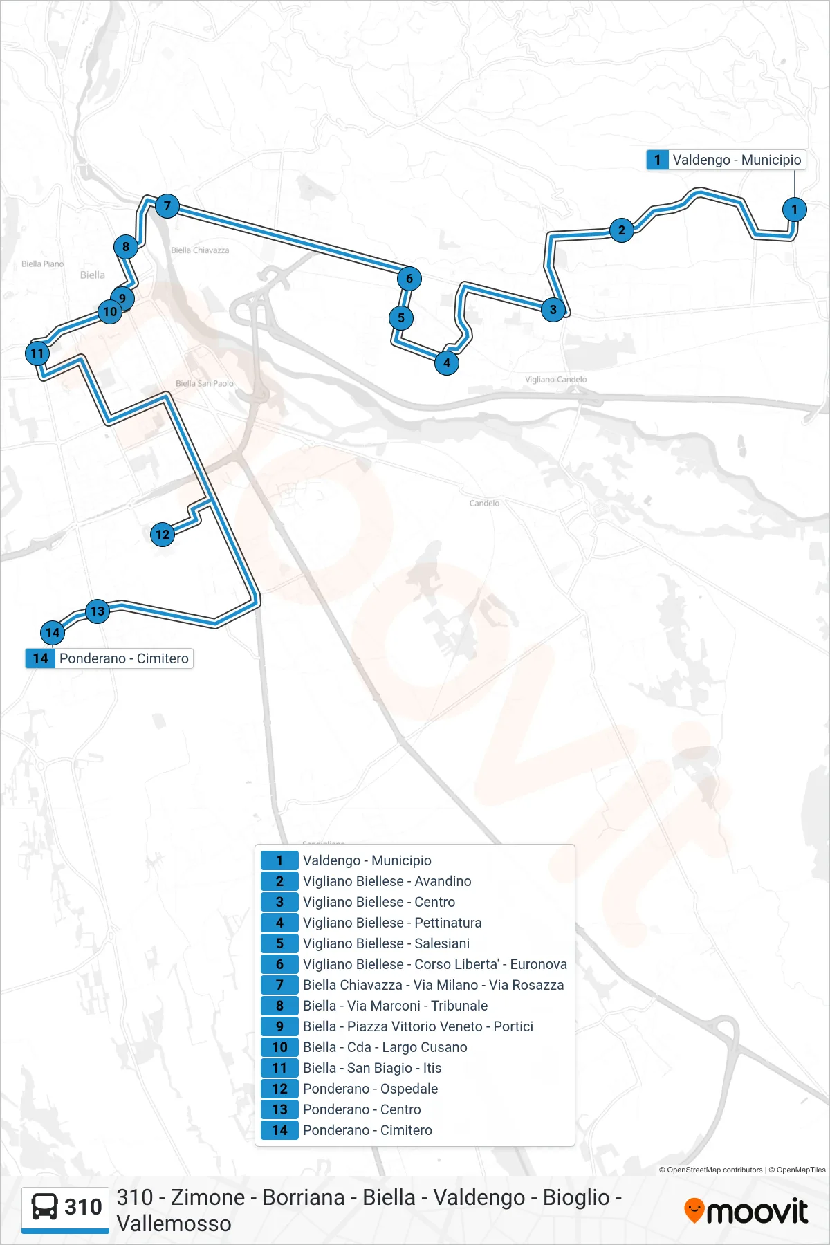 Linea 310  bus (Ponderano - Cimitero) - Percorsi e fermate sulla mappa
