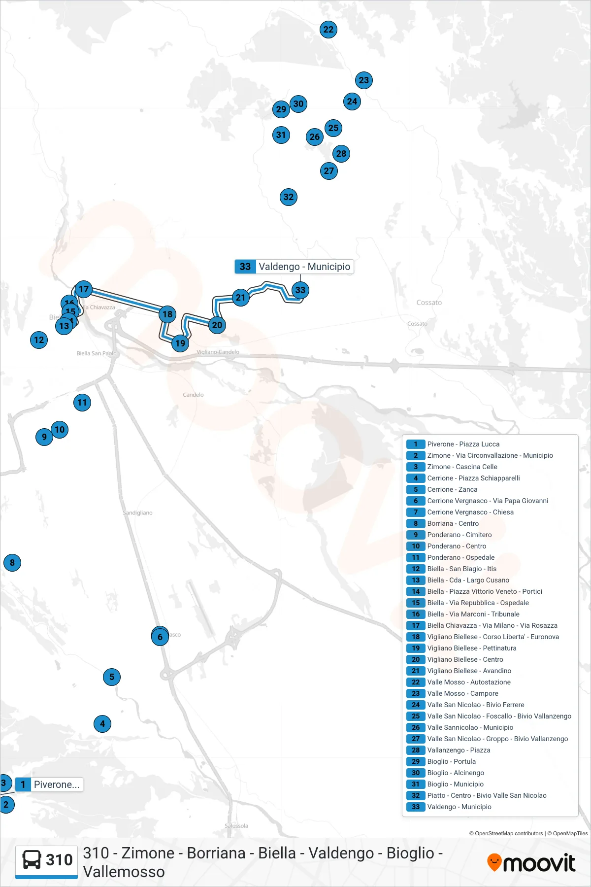 Linea 310 bus (Valdengo - Municipio) - Percorsi e fermate sulla mappa