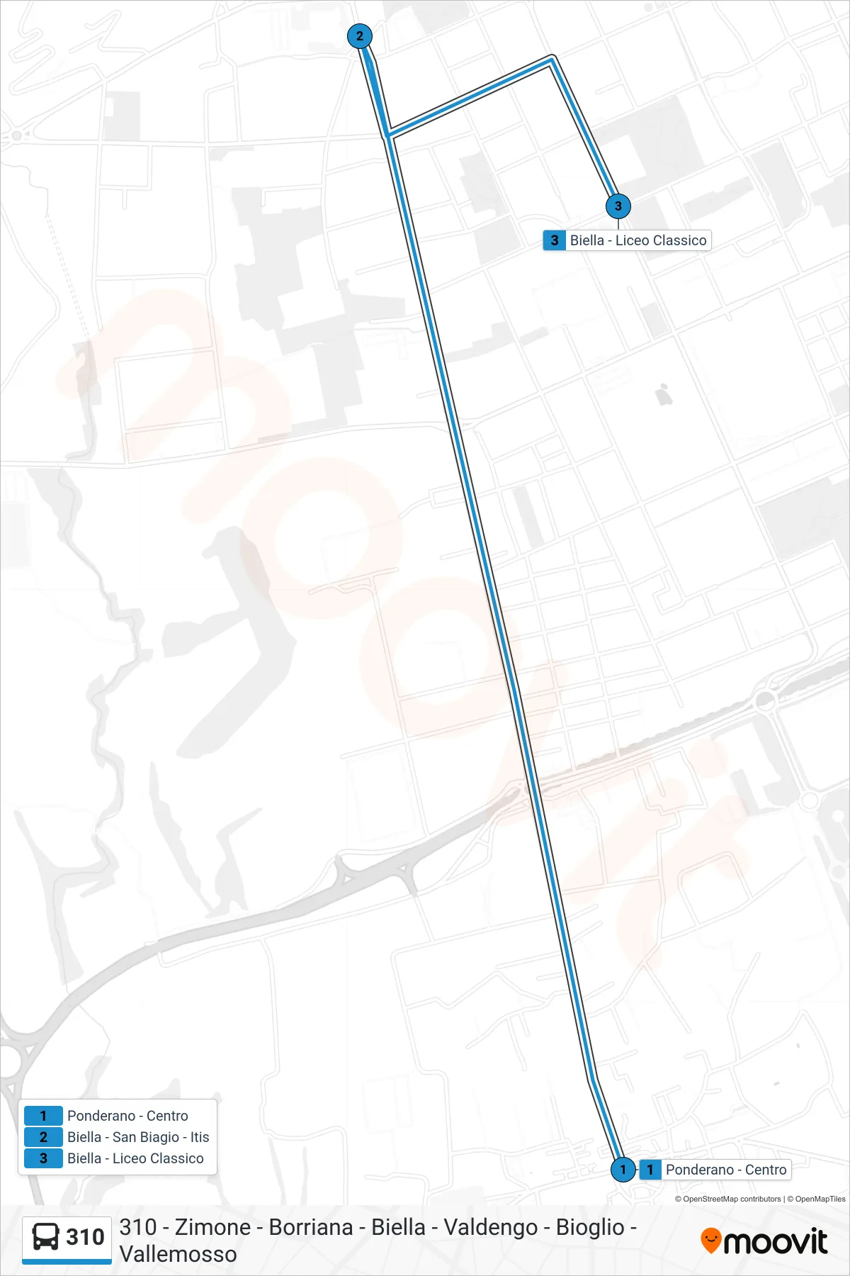 Linea 310  bus (Biella - Liceo Classico) - Percorsi e fermate sulla mappa