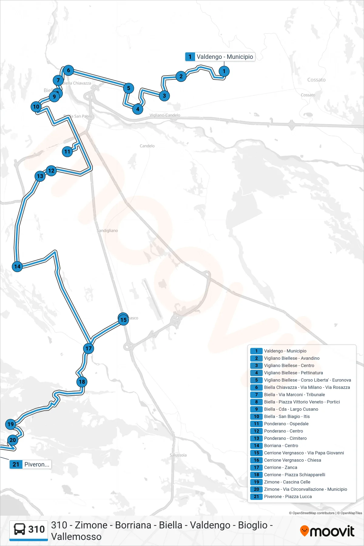 Linea 310 bus (Piverone - Piazza Lucca) - Percorsi e fermate sulla mappa
