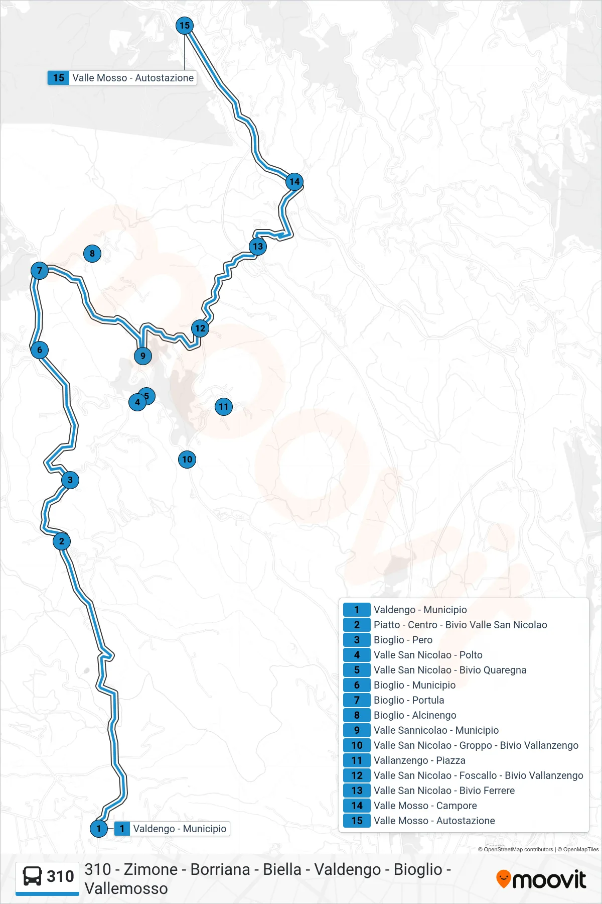 Linea 310 bus (Valle Mosso - Autostazione) - Percorsi e fermate sulla mappa