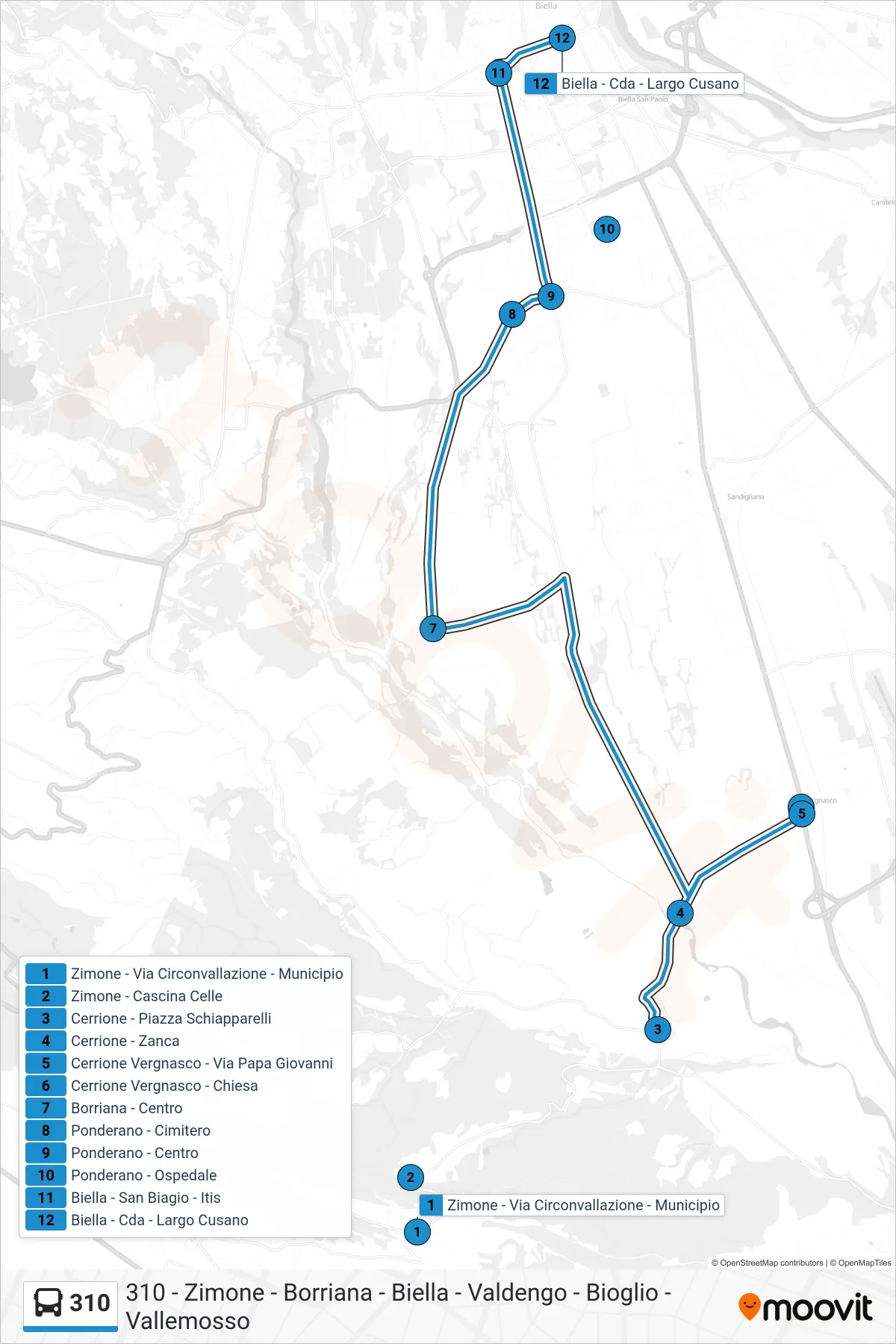 Linea 310 bus (Biella - Cda - Largo Cusano) - Percorsi e fermate sulla mappa