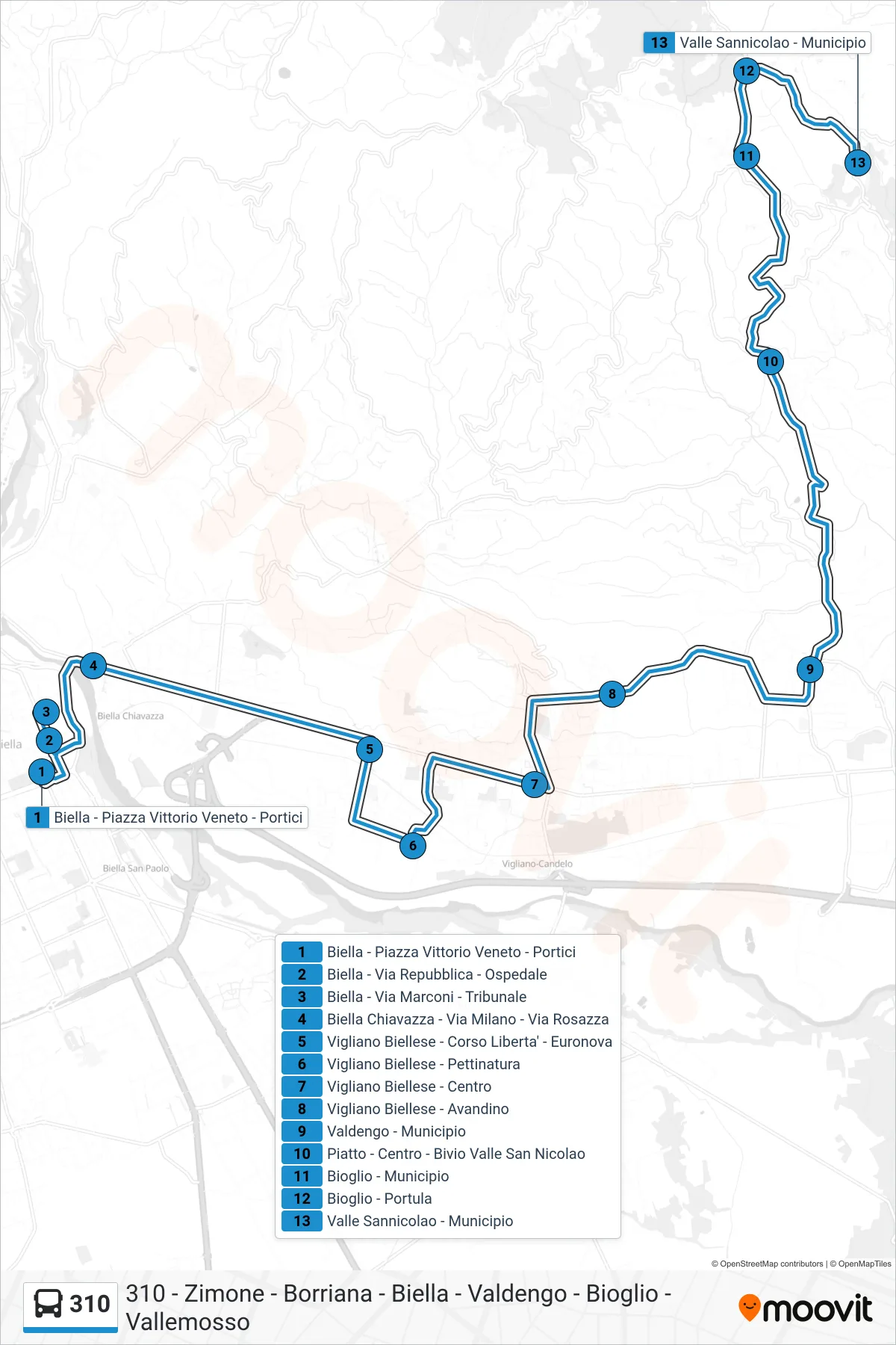 Linea 310 bus (Valle Sannicolao - Municipio) - Percorsi e fermate sulla mappa