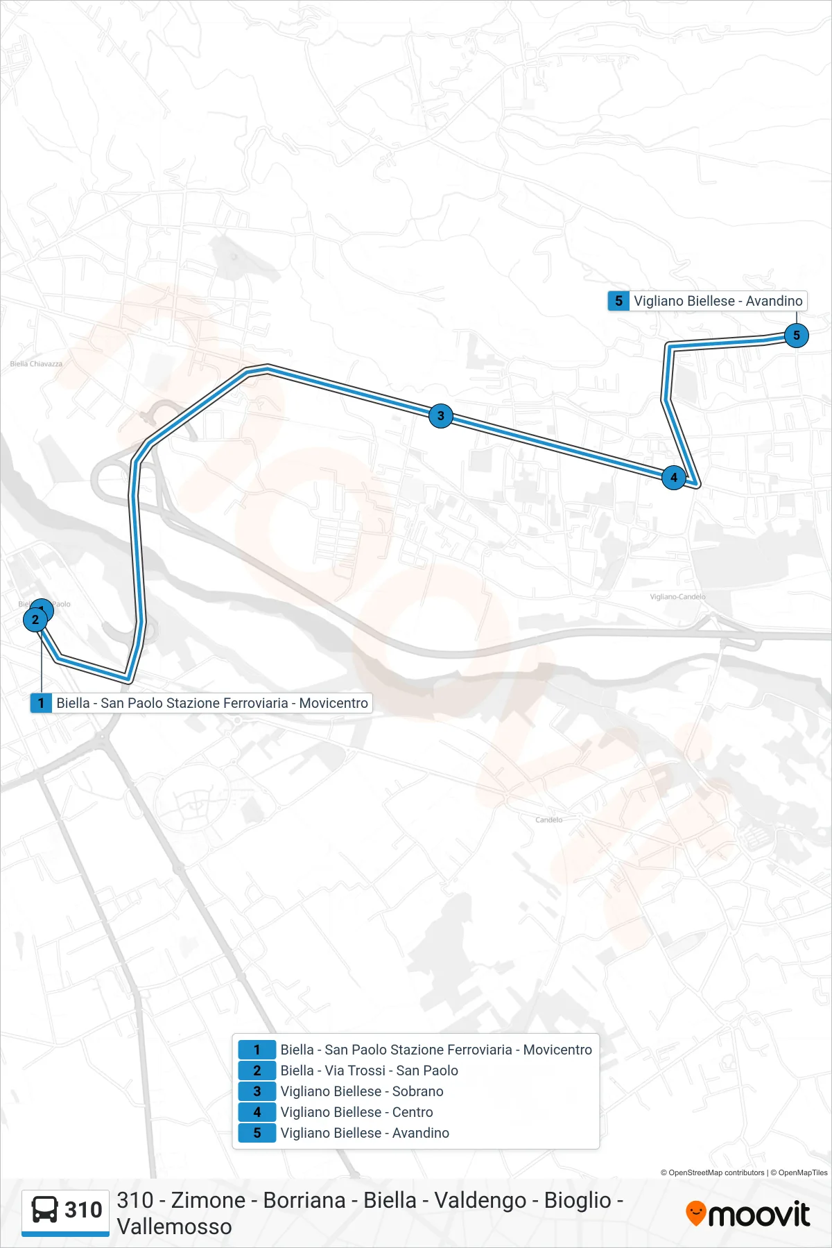 Linea 310 bus (Vigliano Biellese - Avandino) - Percorsi e fermate sulla mappa