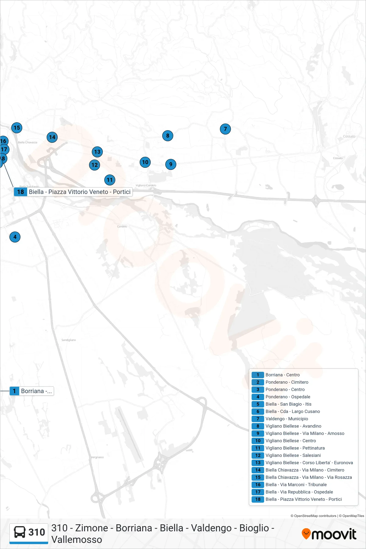 Linea 310 bus (Biella - Piazza Vittorio Veneto - Portici) - Percorsi e fermate sulla mappa