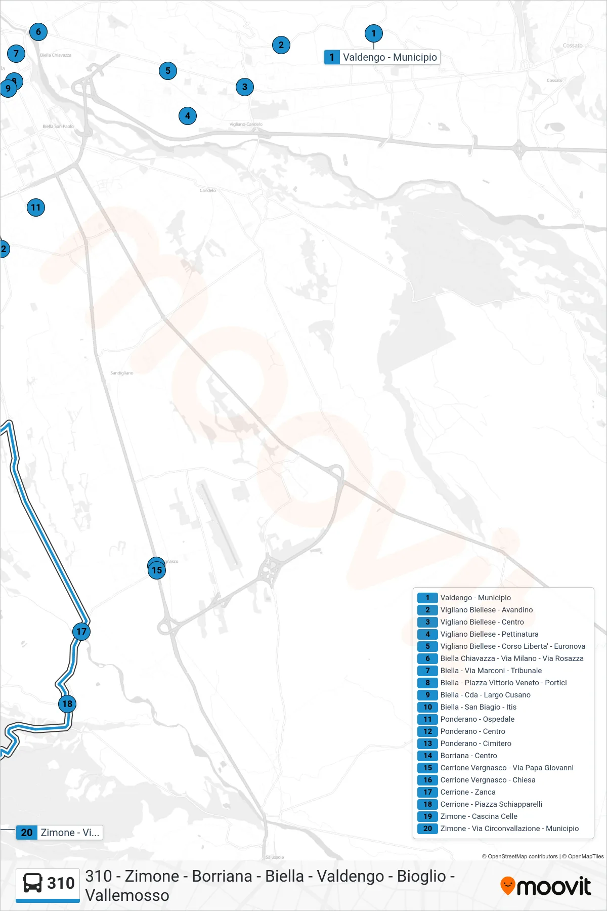 Linea 310 bus (Zimone - Via Circonvallazione - Municipio) - Percorsi e fermate sulla mappa