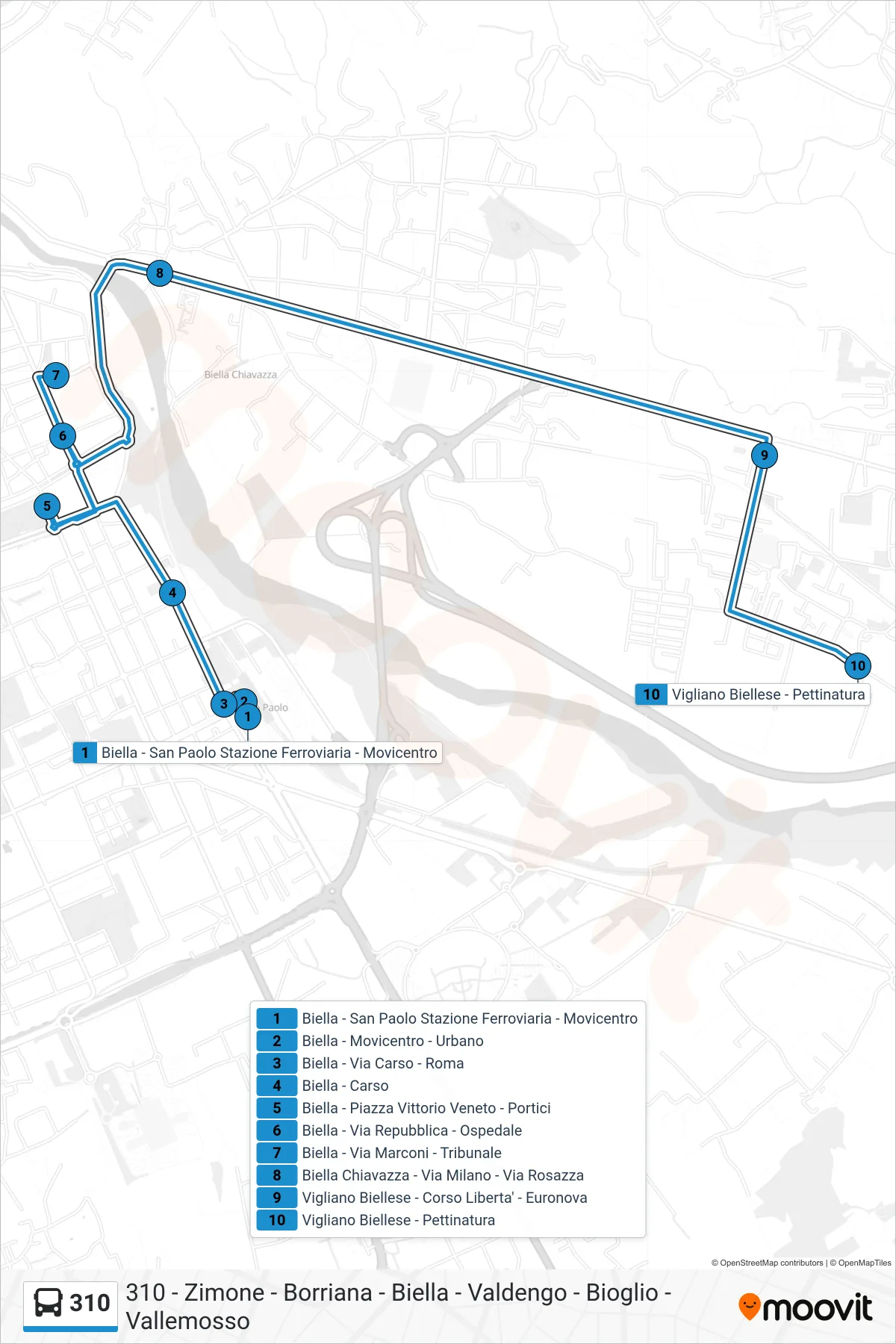 Linea 310  bus (Vigliano Biellese - Pettinatura) - Percorsi e fermate sulla mappa