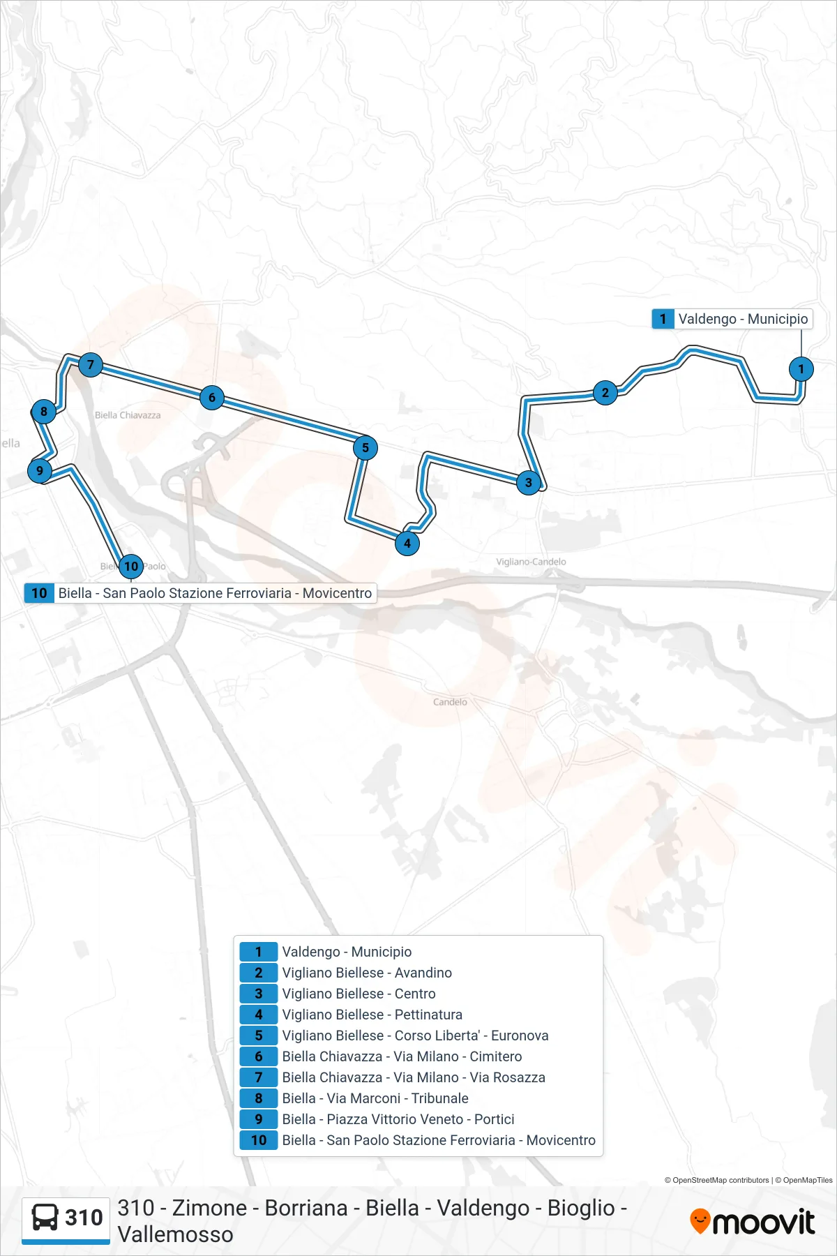 Linea 310 bus (Biella - San Paolo Stazione Ferroviaria - Movicentro) - Percorsi e fermate sulla mappa