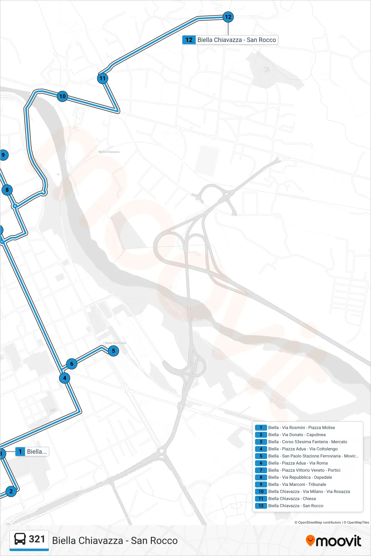 Linea 321 bus (Biella Chiavazza - San Rocco) - Percorsi e fermate sulla mappa