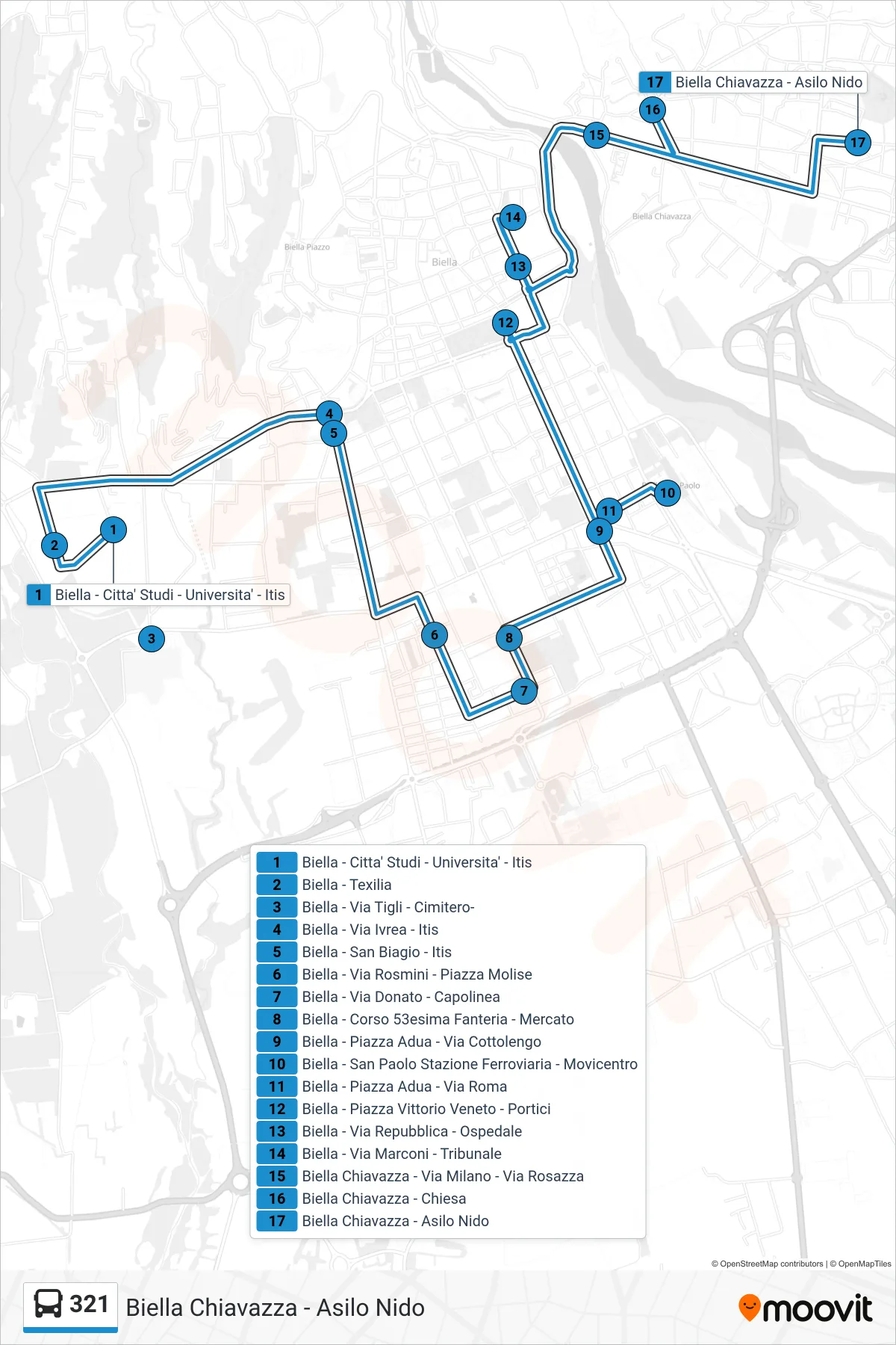 Linea 321 bus (Biella Chiavazza - Asilo Nido) - Percorsi e fermate sulla mappa