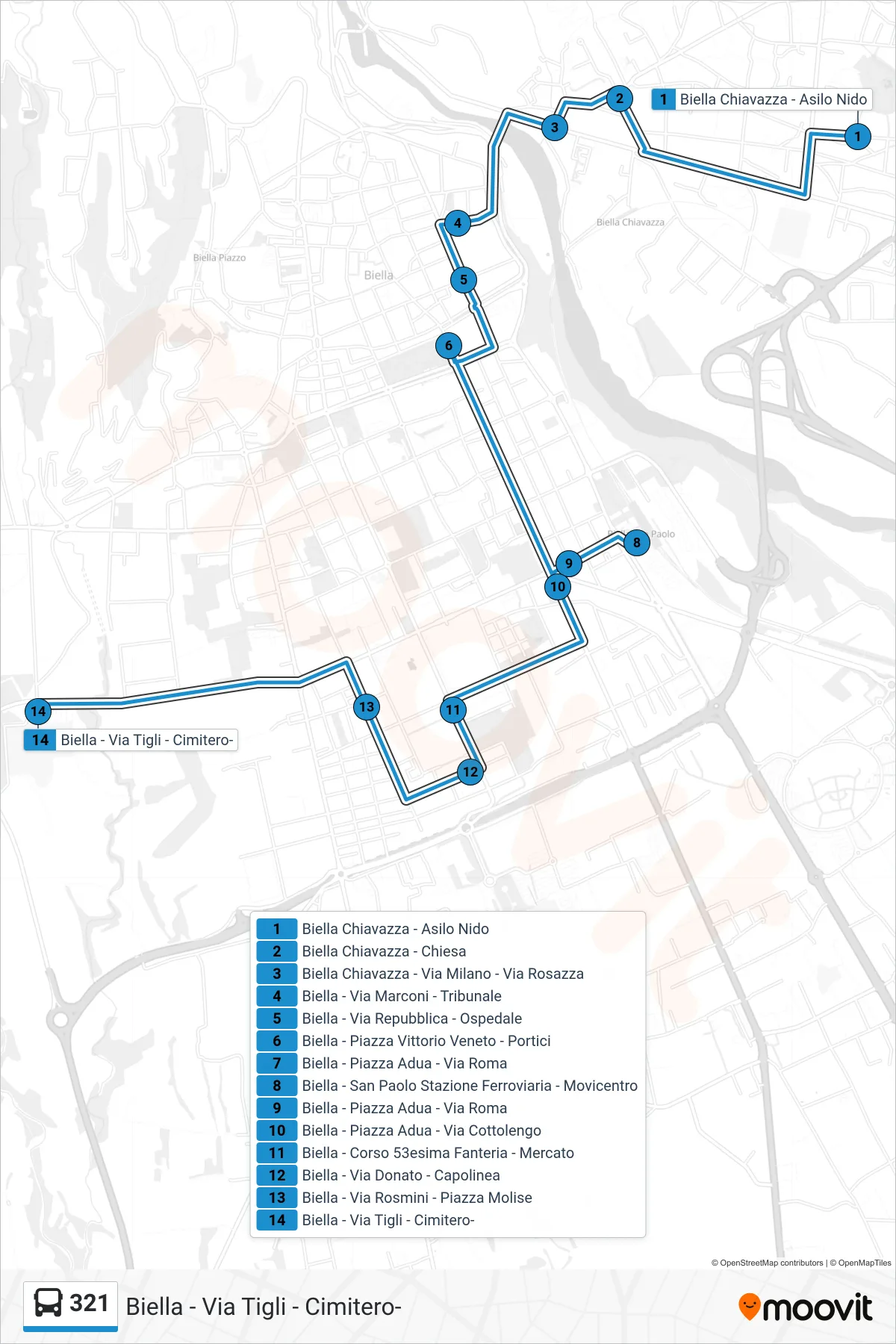 Linea 321 bus (Biella - Via Tigli - Cimitero-) - Percorsi e fermate sulla mappa