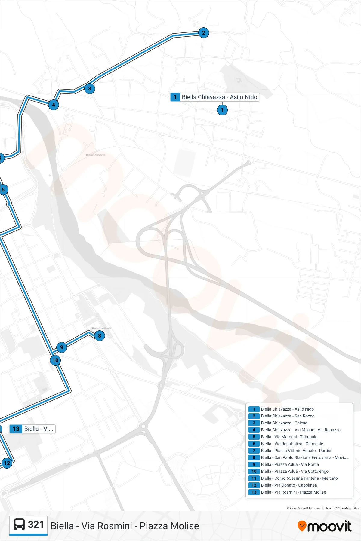 Linea 321 bus (Biella - Via Rosmini - Piazza Molise) - Percorsi e fermate sulla mappa