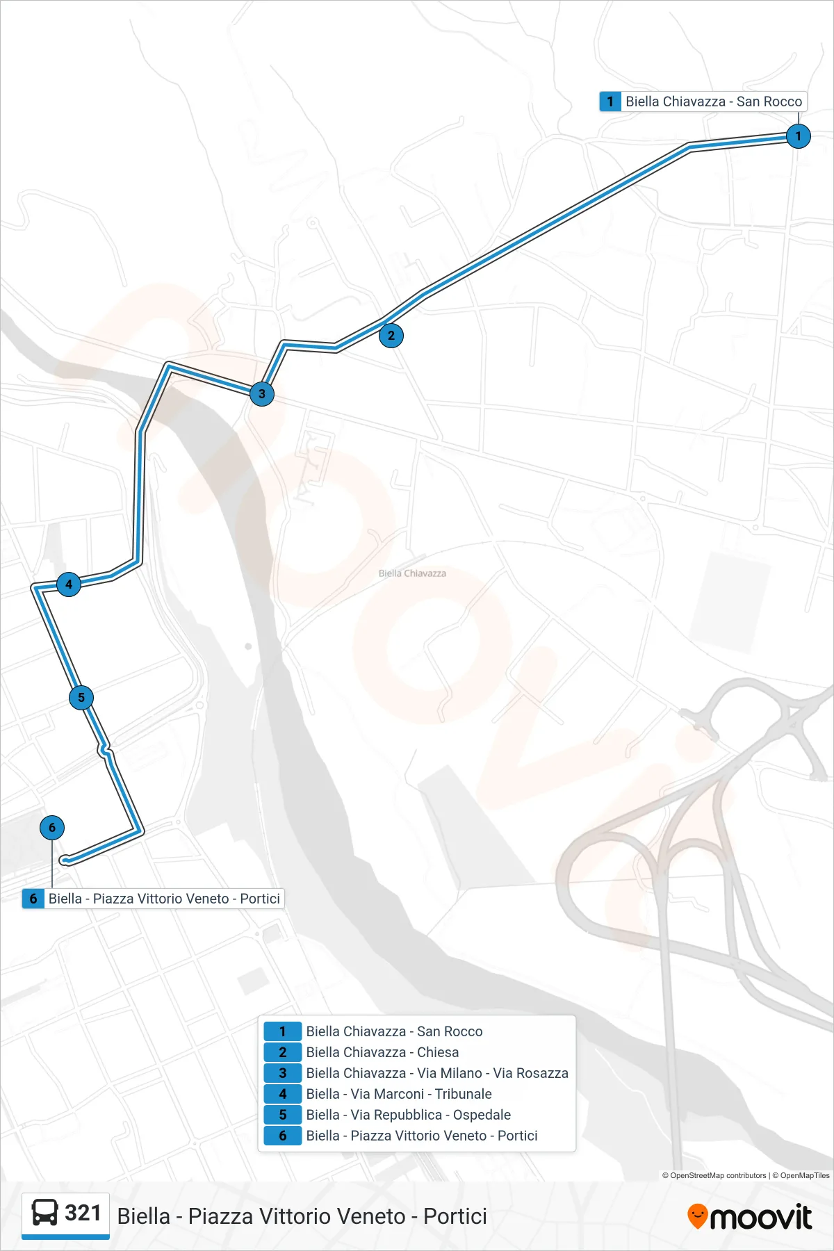 Linea 321 bus (Biella - Piazza Vittorio Veneto - Portici) - Percorsi e fermate sulla mappa