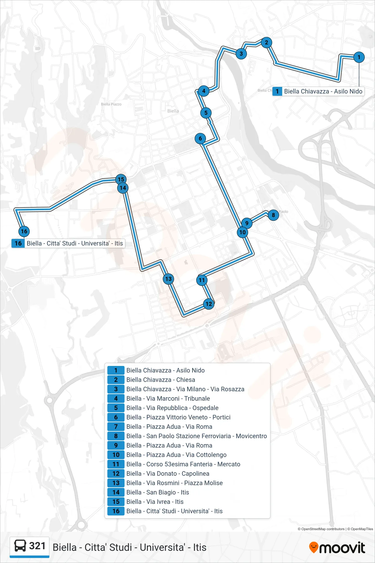 321 bus Line (Biella - City Studies - University - ITIS) route and stops on a map