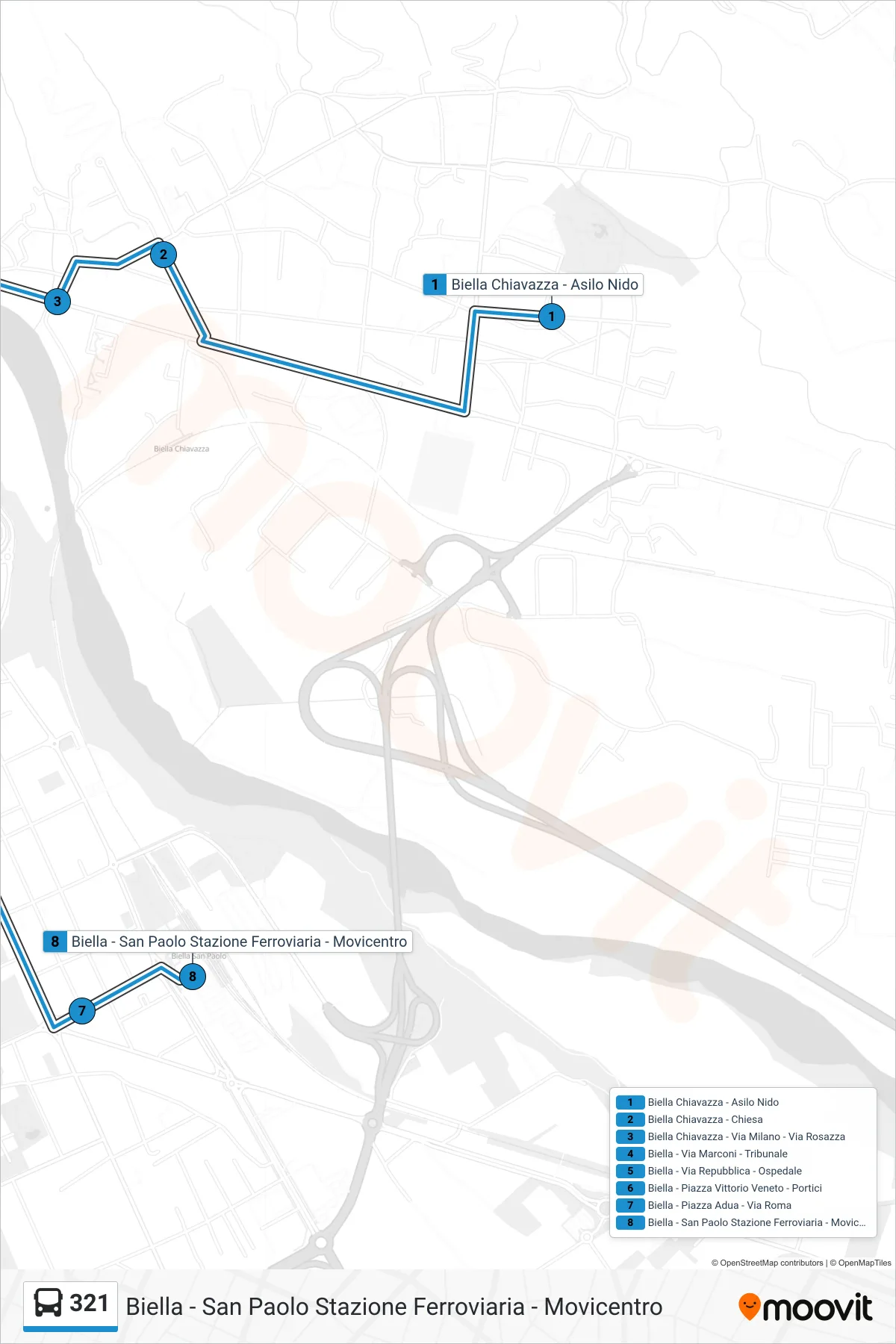 Linea 321 bus (Biella - San Paolo Stazione Ferroviaria - Movicentro) - Percorsi e fermate sulla mappa