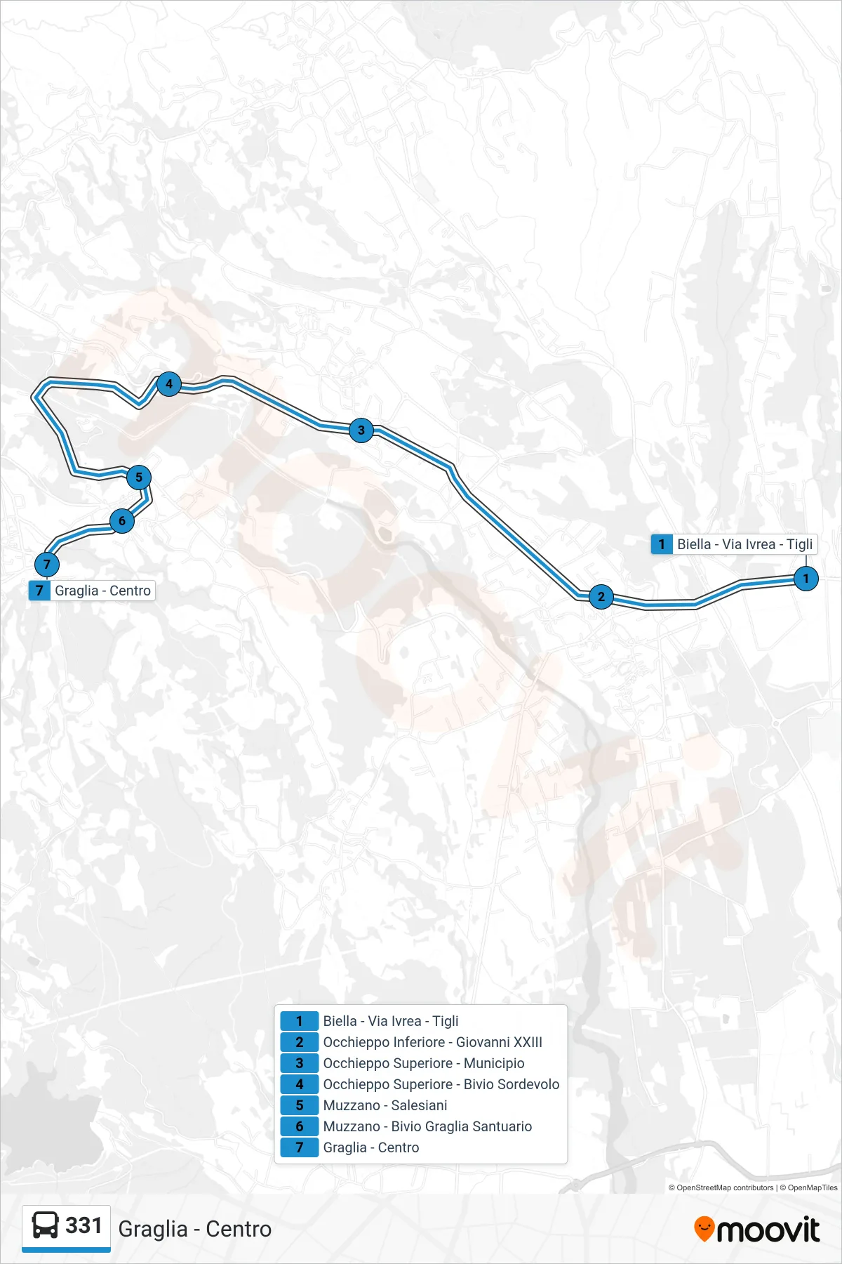 Linea 331 bus (Graglia - Centro) - Percorsi e fermate sulla mappa