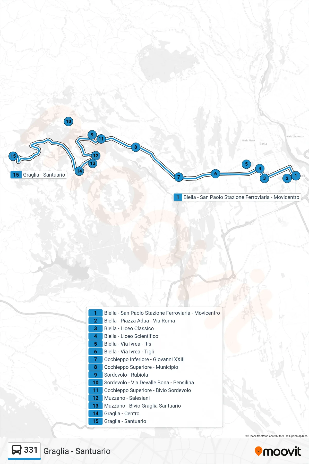 Linea 331 bus (Graglia - Santuario) - Percorsi e fermate sulla mappa