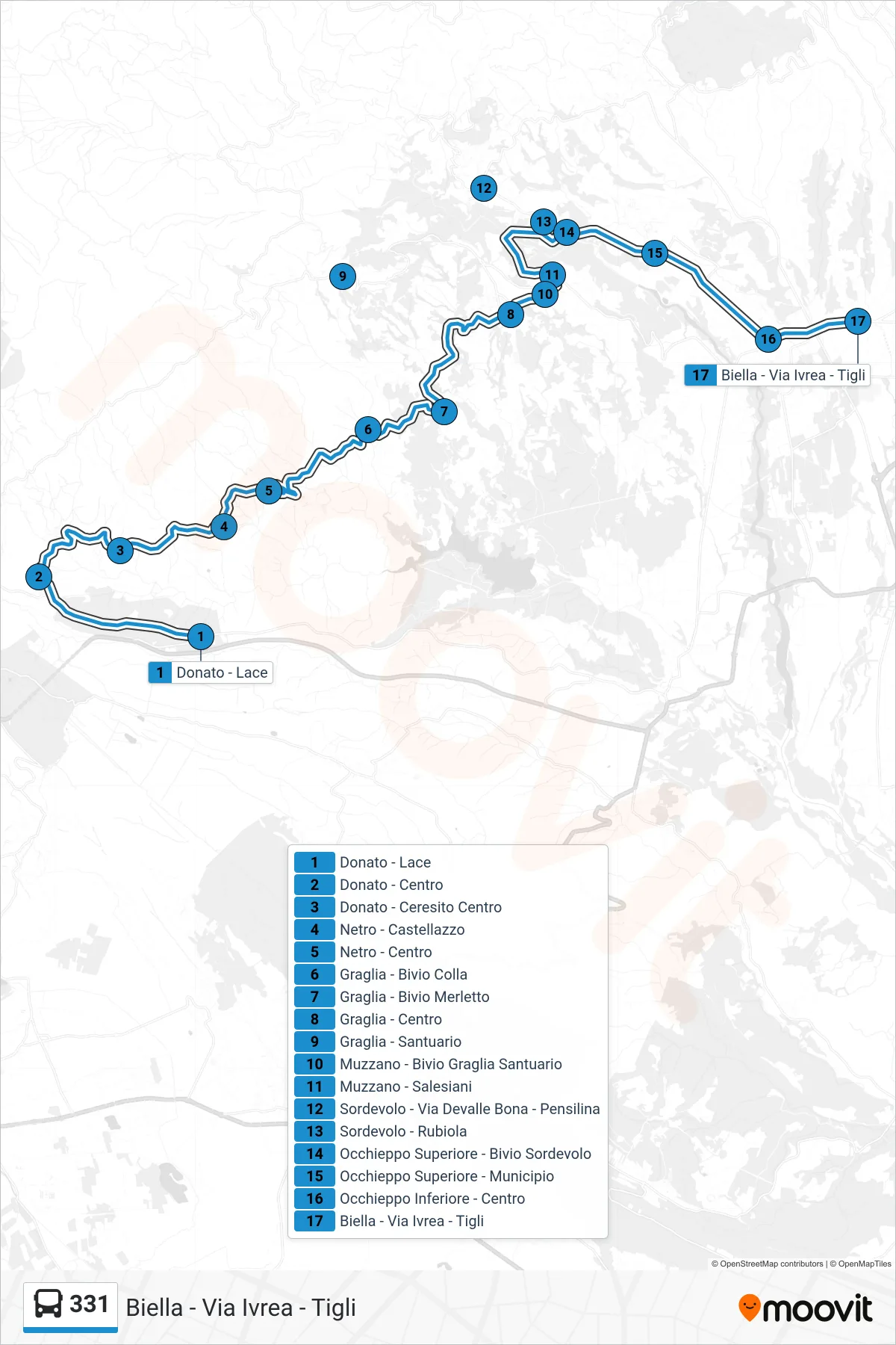 Linea 331 bus (Biella - Via Ivrea - Tigli) - Percorsi e fermate sulla mappa