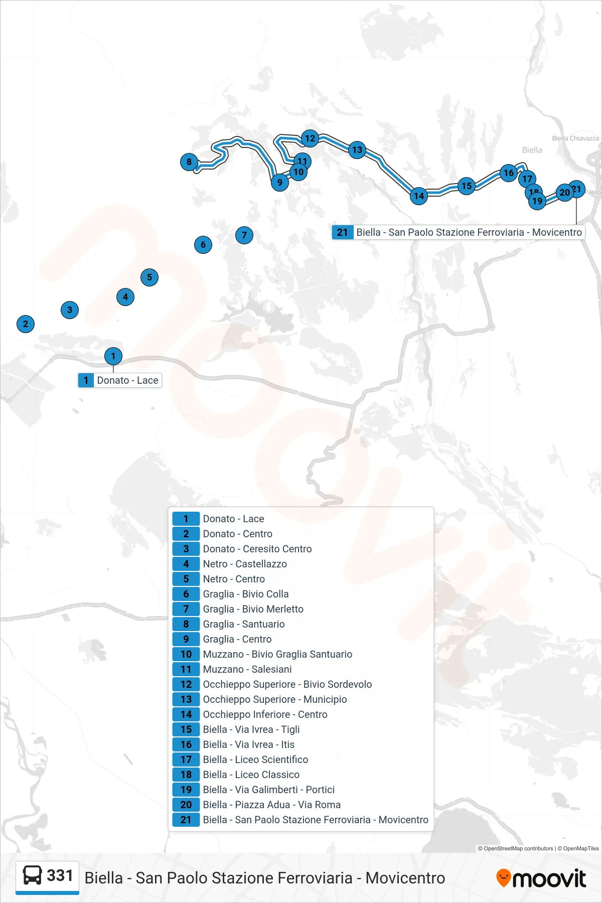 Linea 331  bus (Biella - San Paolo Stazione Ferroviaria - Movicentro) - Percorsi e fermate sulla mappa