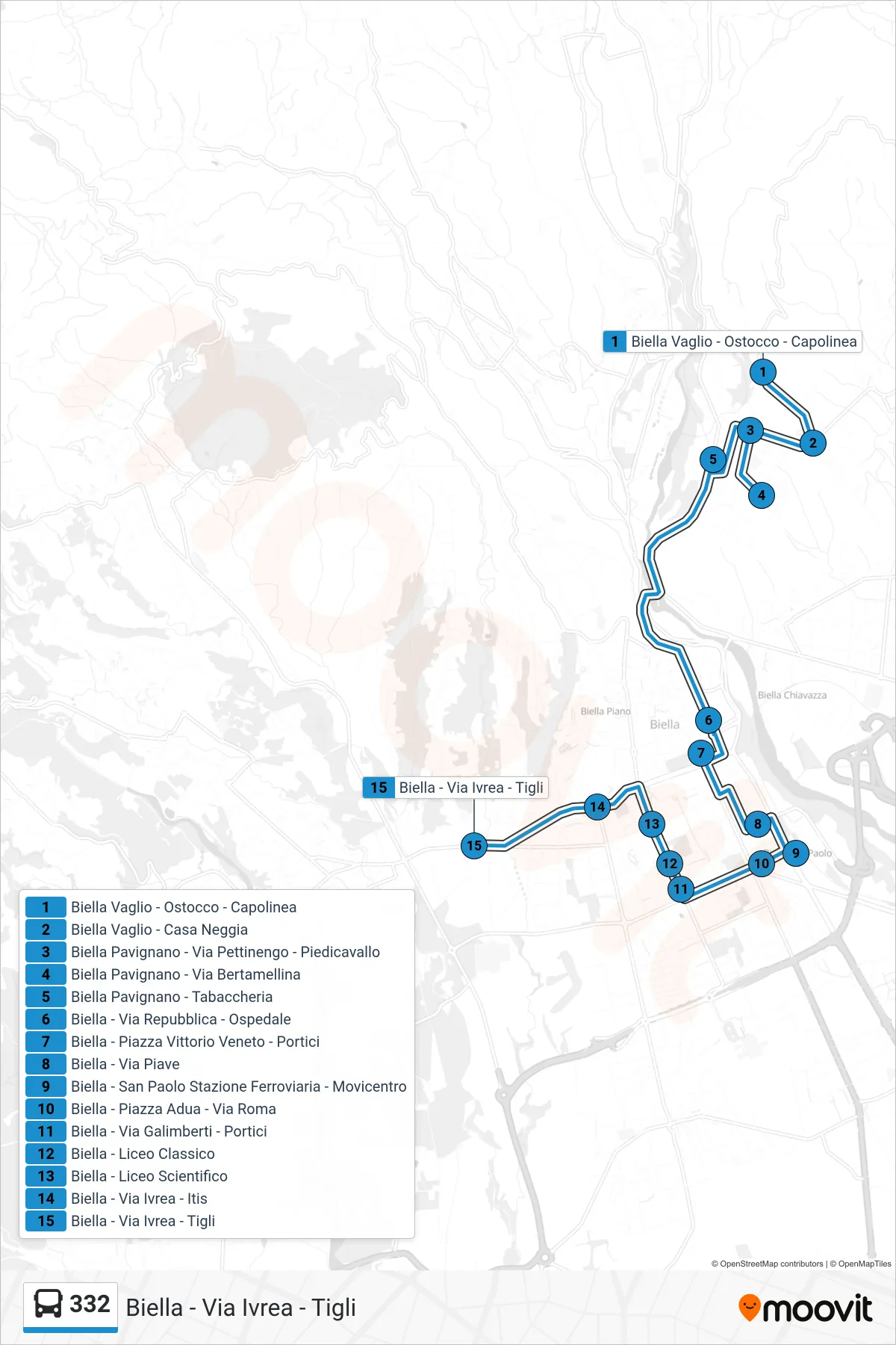 Linea 332 bus (Biella - Via Ivrea - Tigli) - Percorsi e fermate sulla mappa