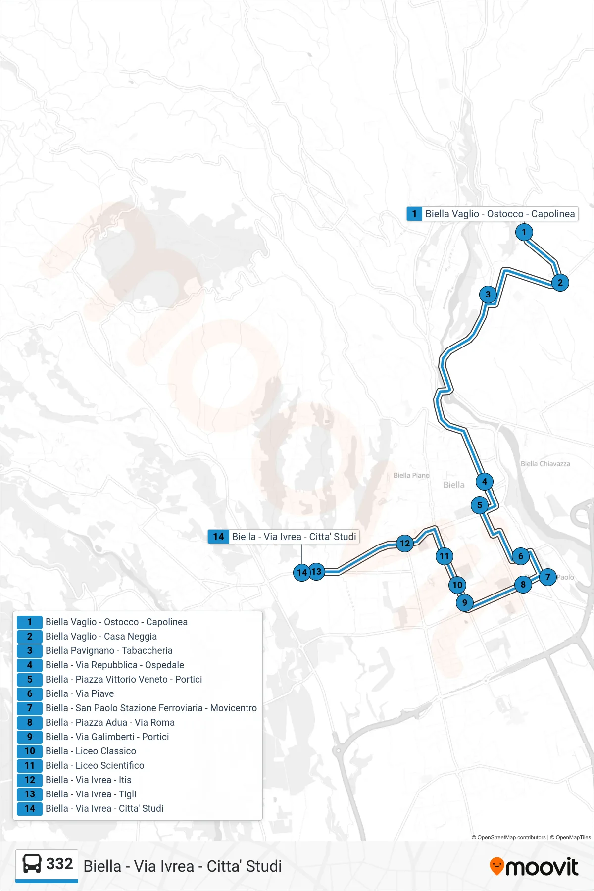 Linea 332 bus (Biella - Via Ivrea - Citta' Studi) - Percorsi e fermate sulla mappa
